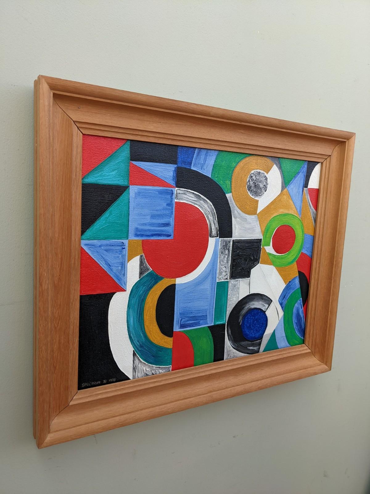 1978 Vintage Modernist Abstract Geometric Framed Oil Painting - Spectrum 1