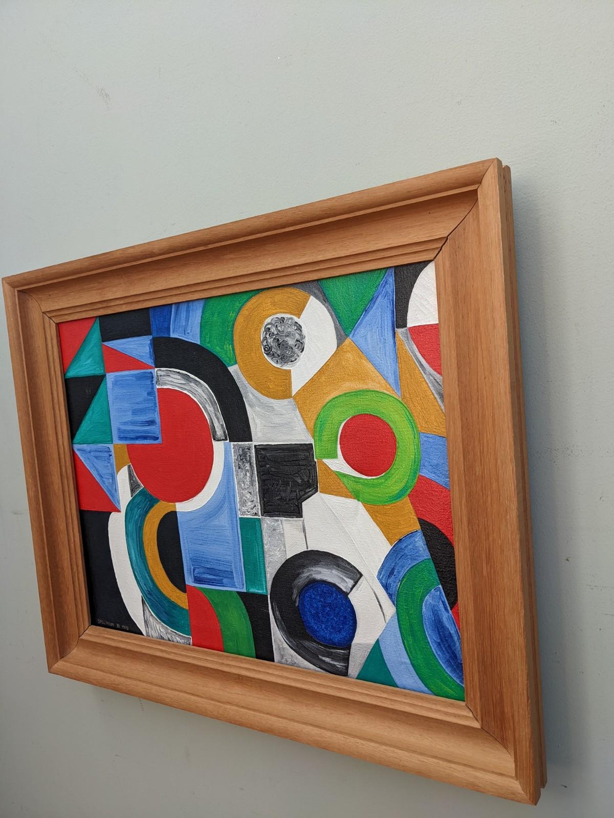 1978 Vintage Modernist Abstract Geometric Framed Oil Painting - Spectrum 2