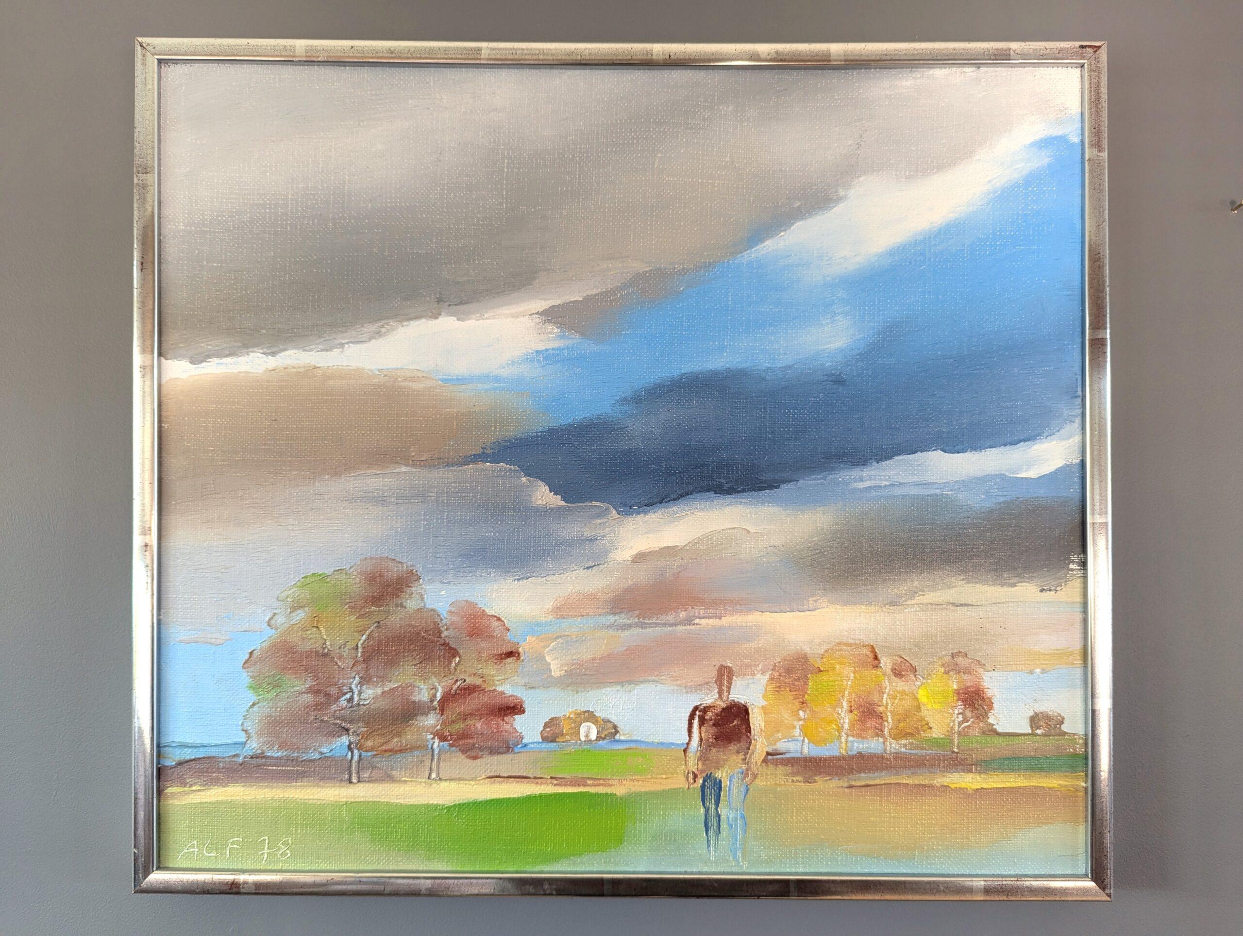 1978 Vintage Modernist Original Landscape Oil Painting - Solitude in Nature - Landscape Painting Grigio di Unknown