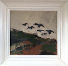 1978 Vintage Original Swedish Abstract Landscape Oil Painting - Flock in Flight