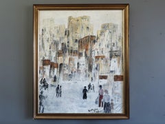 1979 Modernist Swedish Semi-Abstract Street Scene Oil Painting -Old Town Reverie