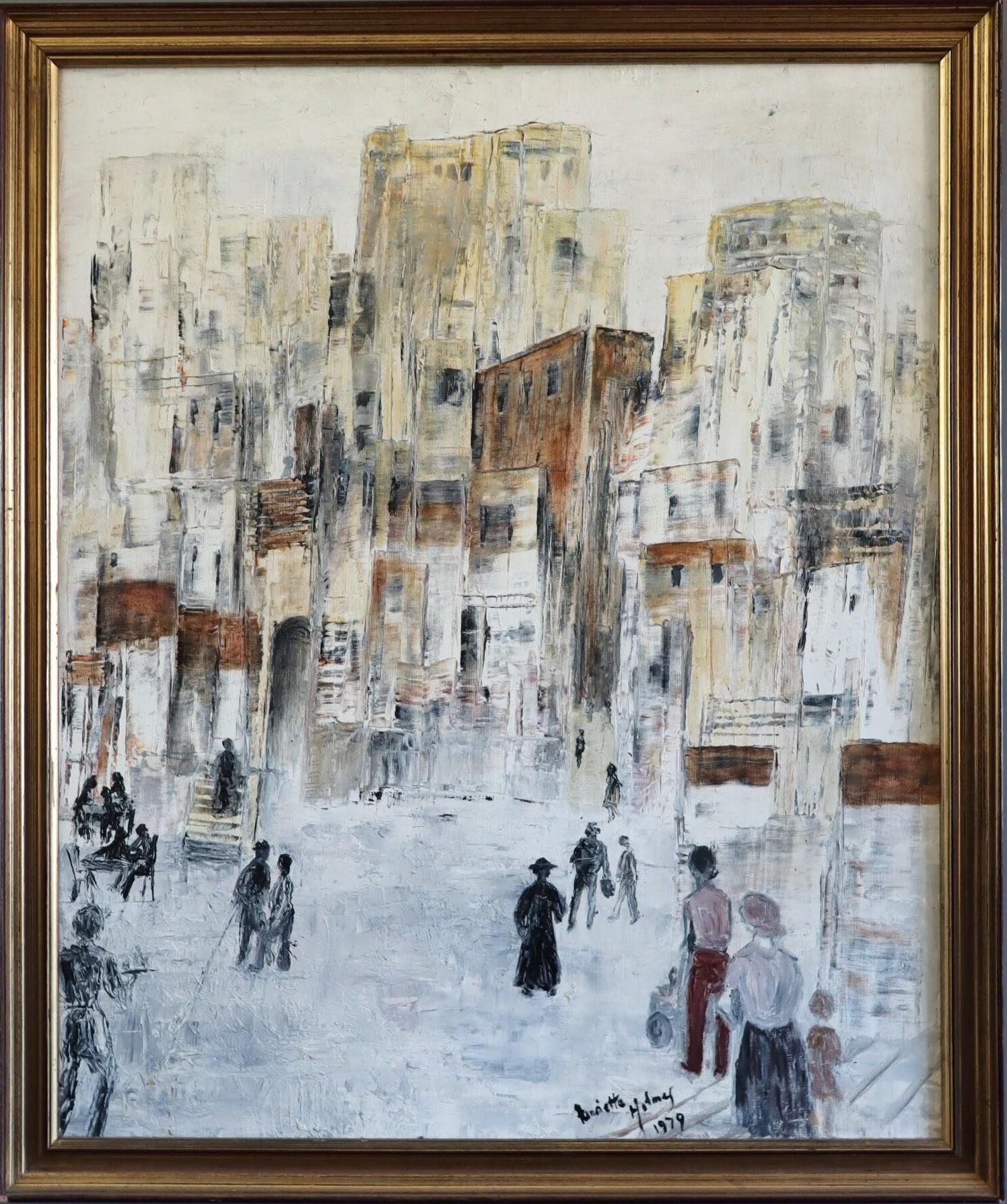 1979 Modernist Swedish Semi-Abstract Street Scene Oil Painting -Old Town Reverie