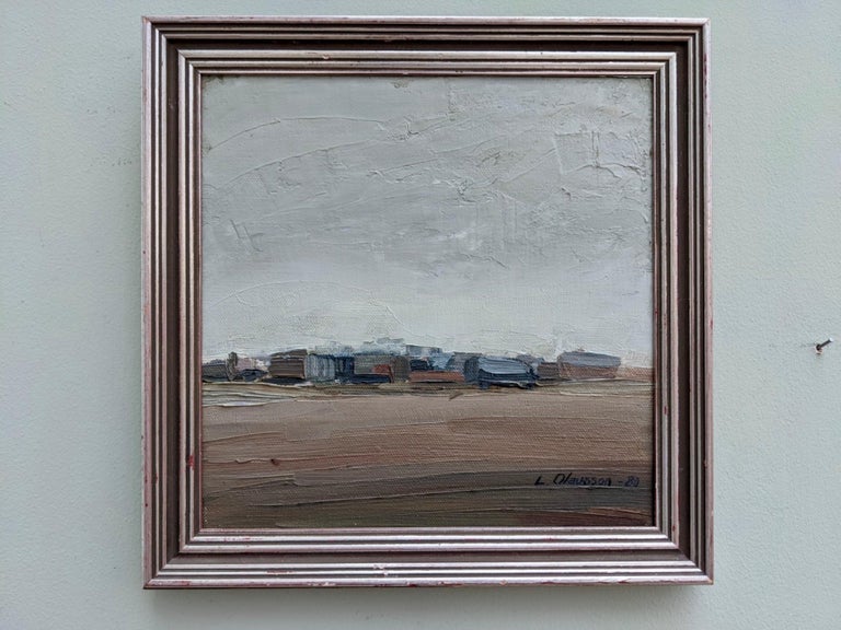 1980 Framed Swedish Abstract Landscape Oil Painting - Mirage - Gray Landscape Painting by Unknown