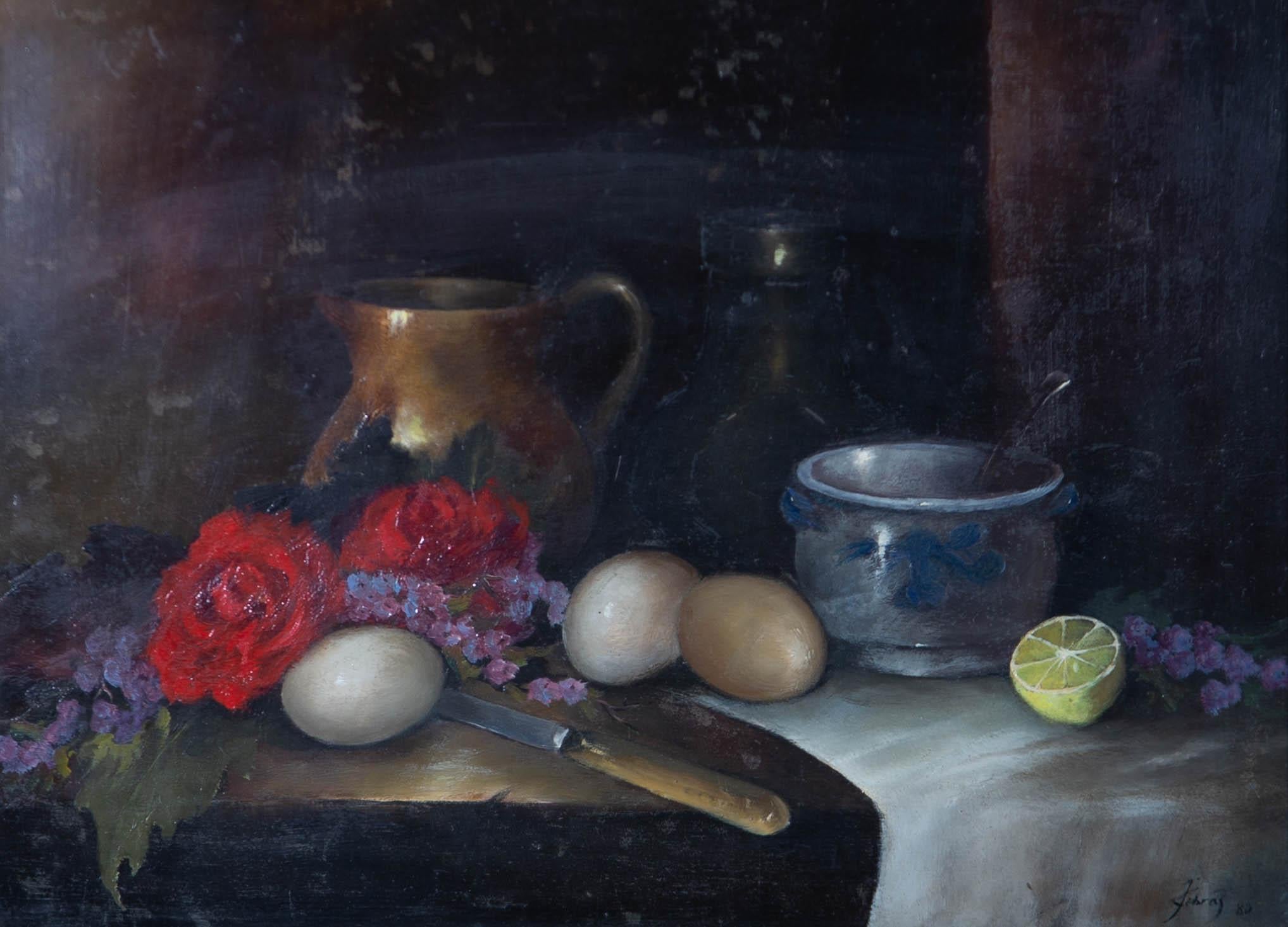 1980 Oil - Kitchen Still Life Scene with Flowers - Black Still-Life Painting by Unknown