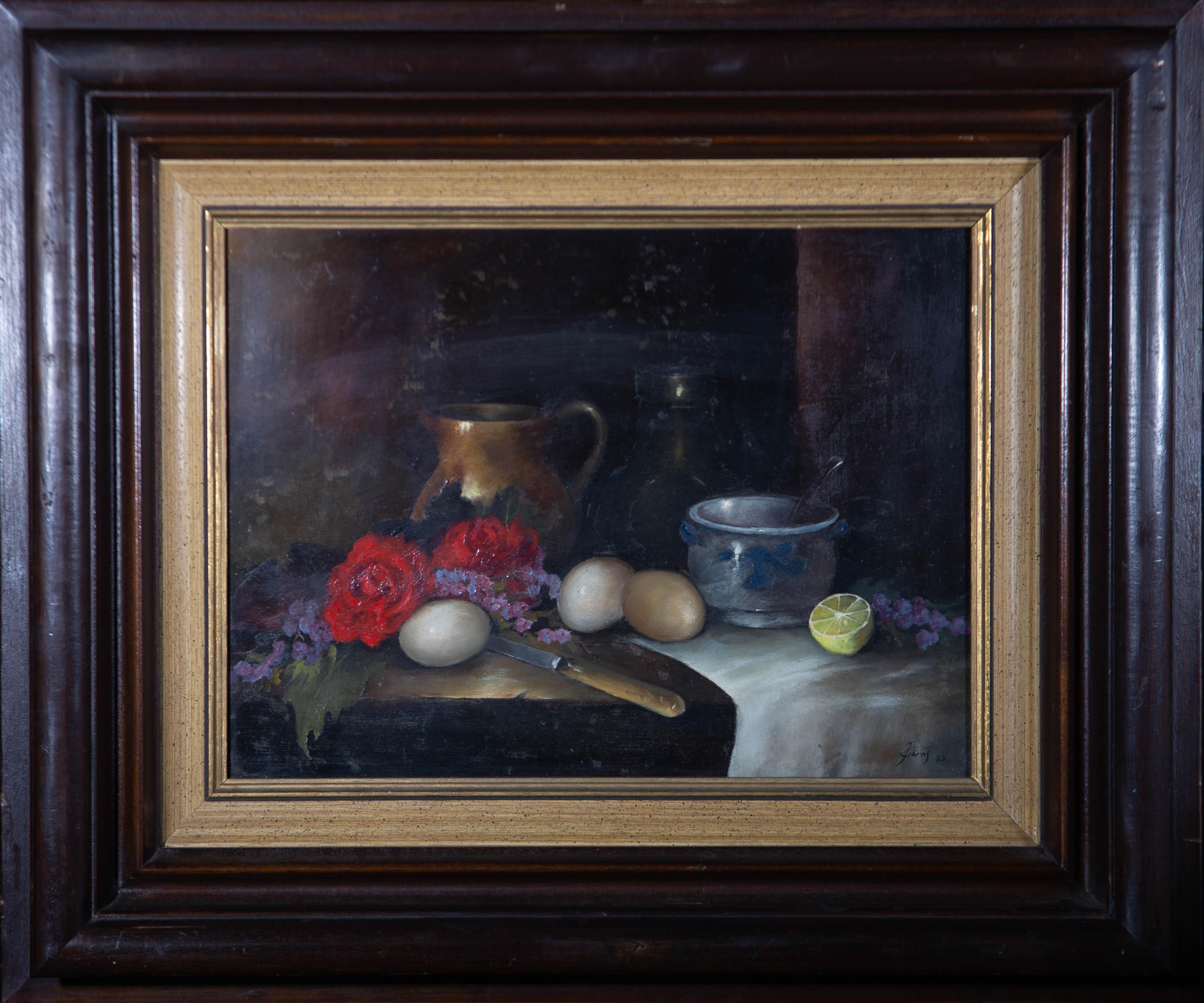Unknown Still-Life Painting - 1980 Oil - Kitchen Still Life Scene with Flowers