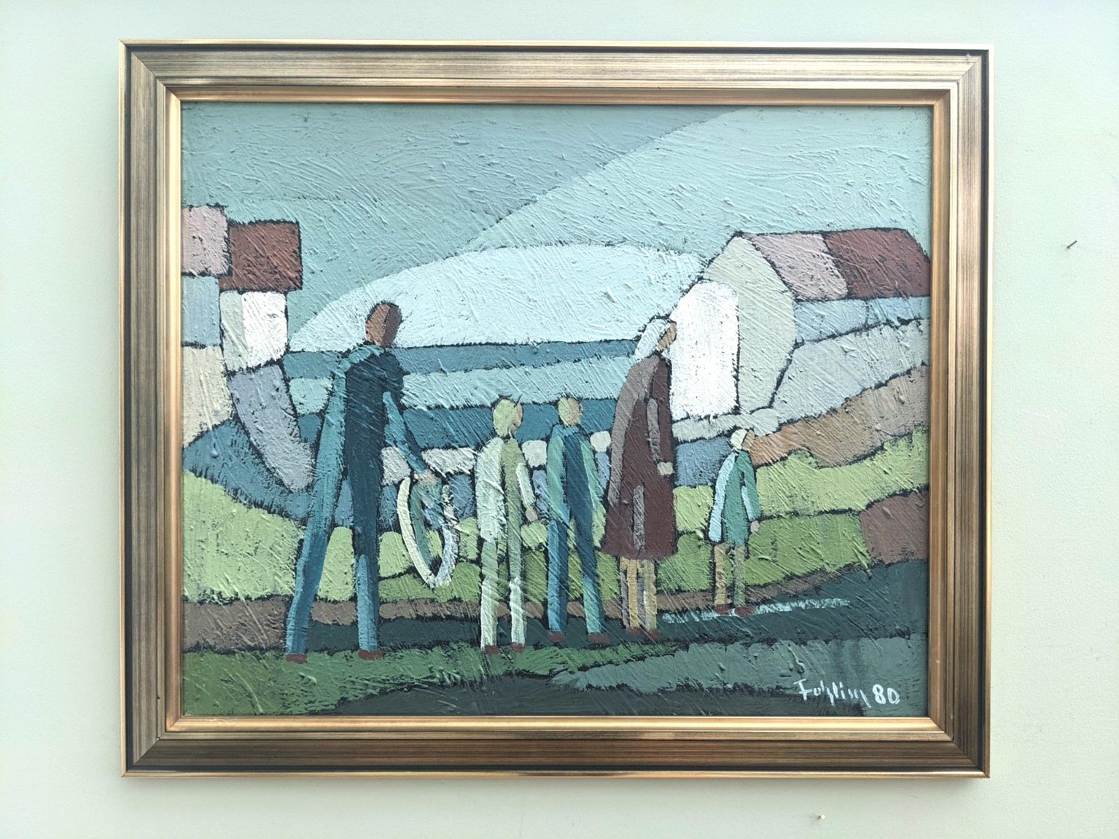 1980 Vintage Swedish Figurative Framed Oil Painting - Family - Gray Figurative Painting by Unknown