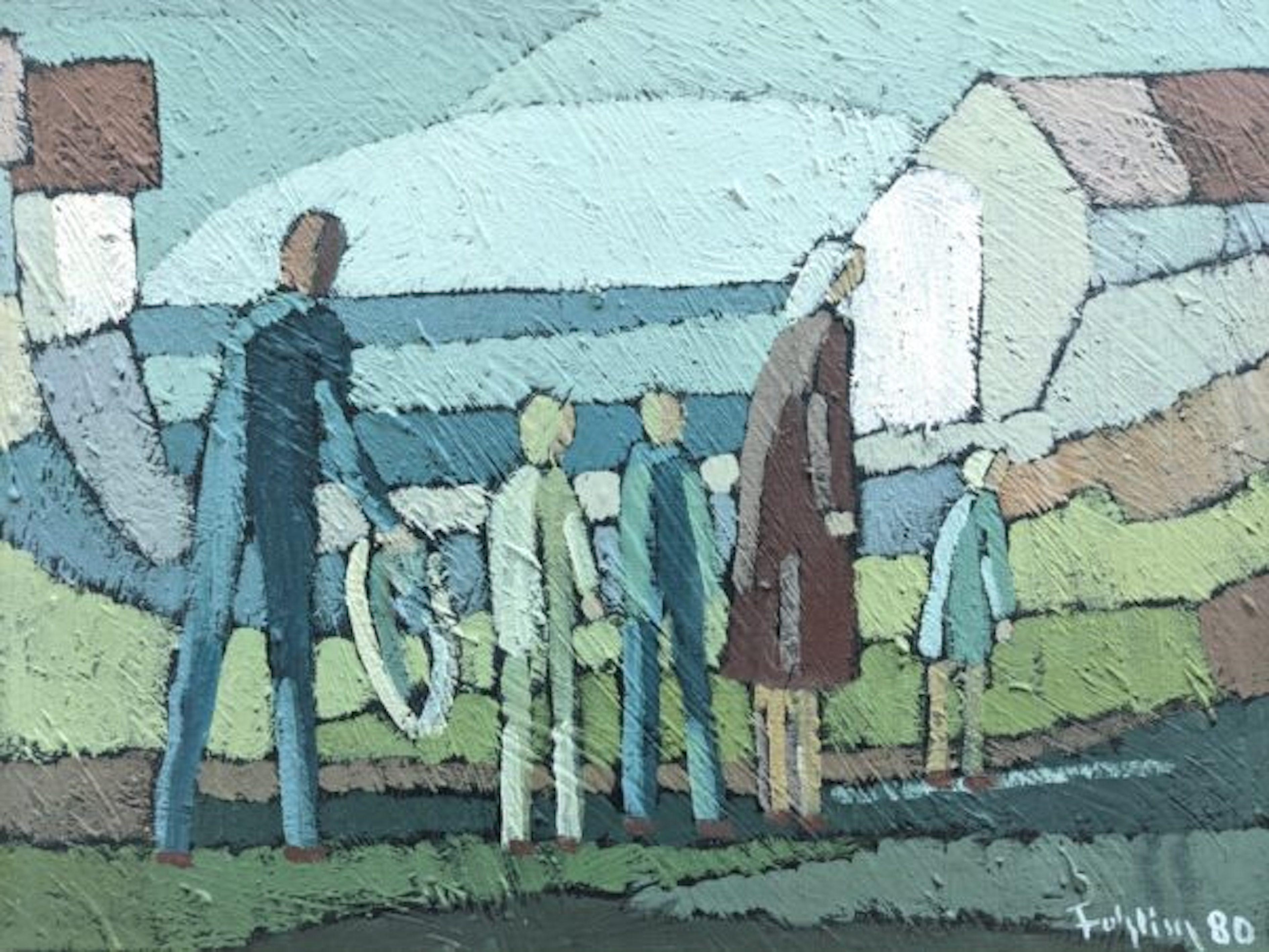 FAMILY
Size: 59.5 x 70.5 cm (including frame)
Oil on Canvas

A modernist oil on canvas depicting a family on a walk, painted in 1980.

Painted with a typically modernist ethos, all realistic details have been condensed down into flat planes of