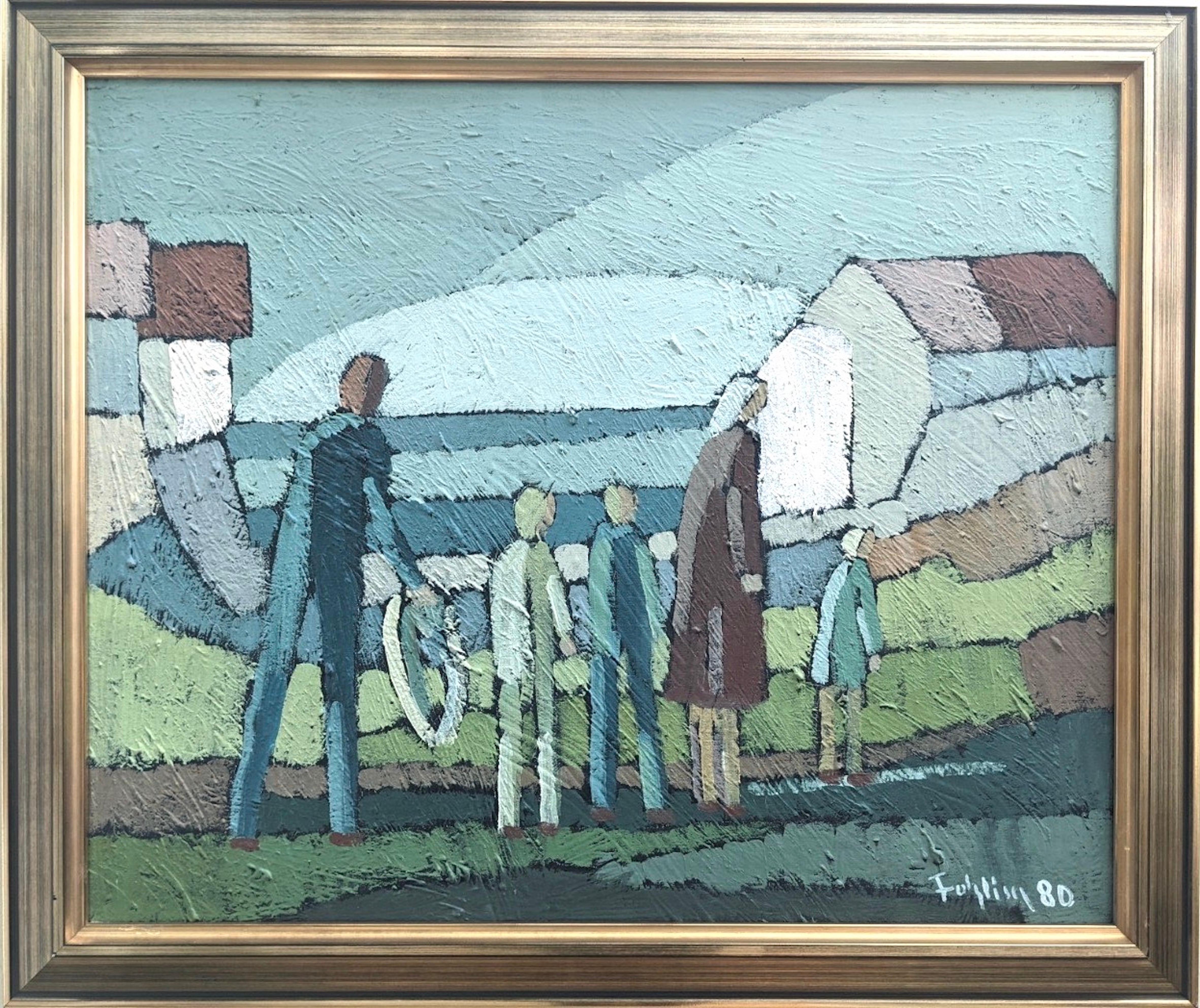 Unknown Figurative Painting - 1980 Vintage Swedish Figurative Framed Oil Painting - Family