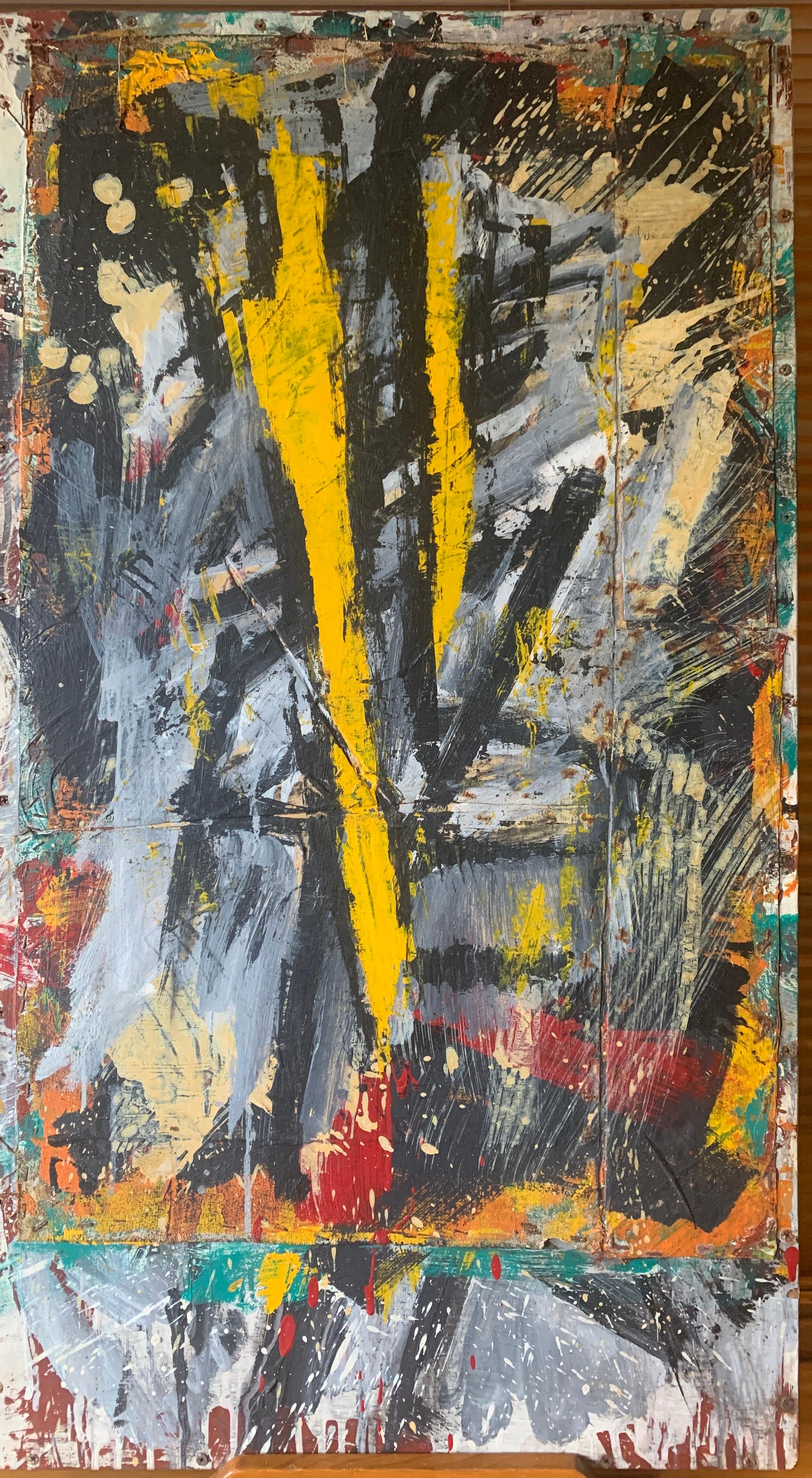 Collage et peinture abstraite « Wild » sur bois des années 1980 - Painting de Unknown