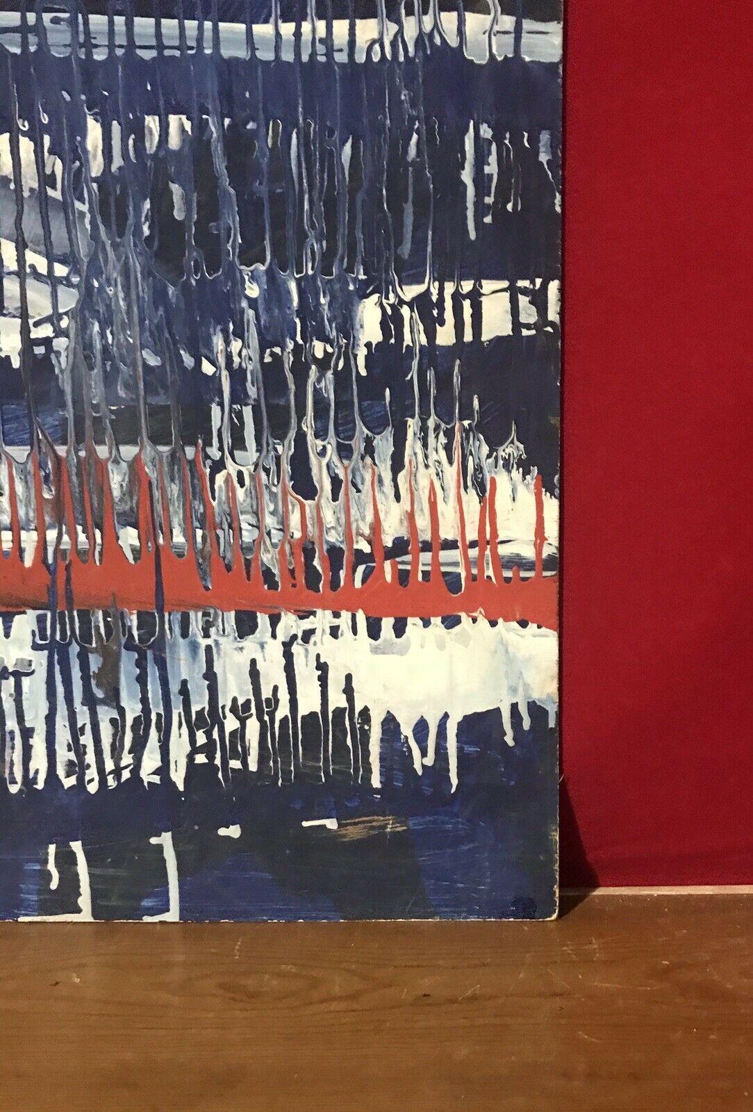 1980's FRENCH ABSTRACT PAINTING - DRIP WORK ON LARGE PANEL - RED WHITE BLUE - Painting by Unknown