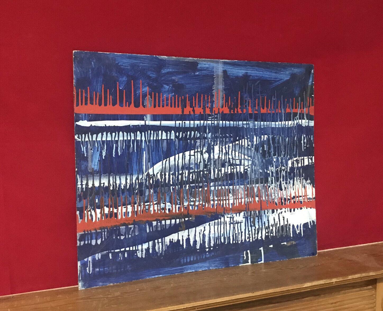 1980's FRENCH ABSTRACT PAINTING - DRIP WORK ON LARGE PANEL - RED WHITE BLUE For Sale 1