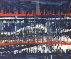 1980er FRENCH ABSTRACT PAINTING - DRIP WORK ON LARGE PANEL - RED WHITE BLUE