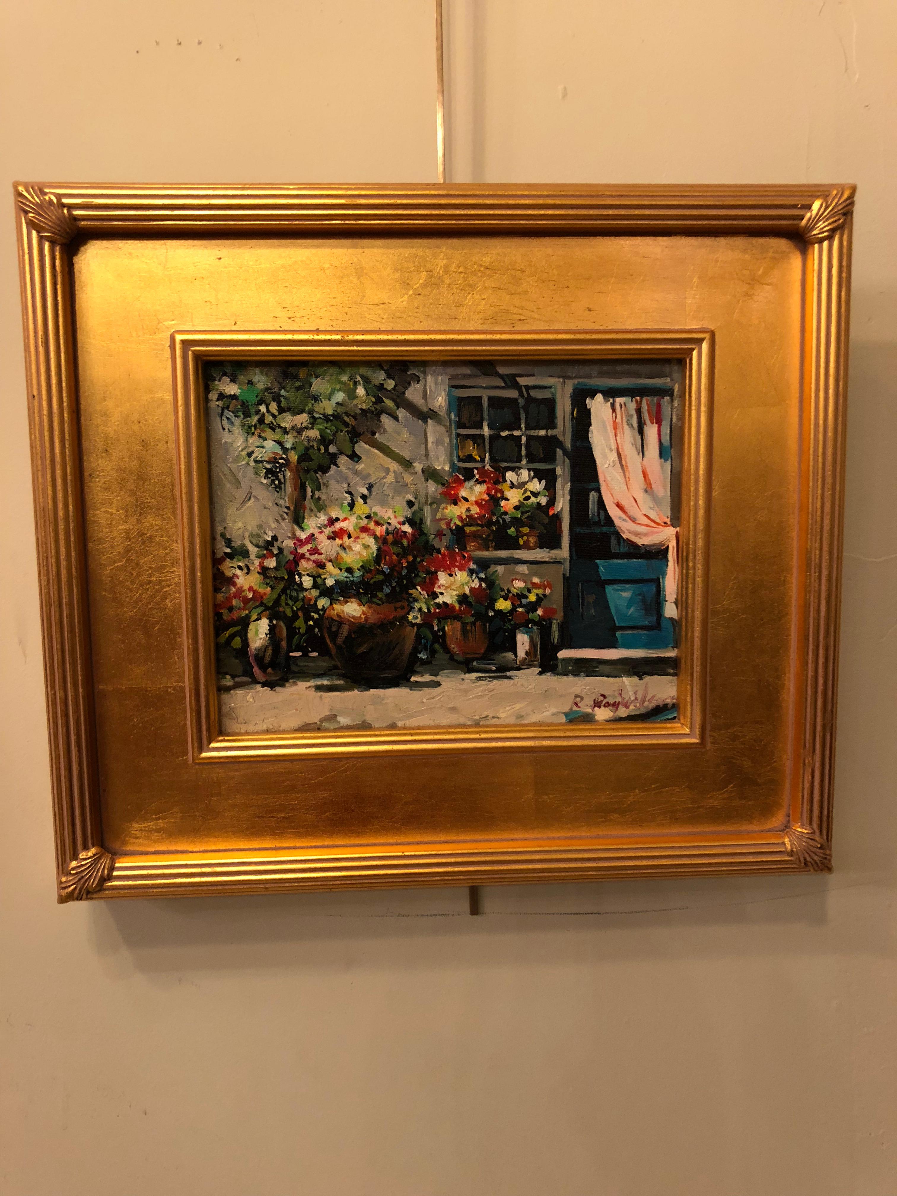 1980s Impressionistic Oil on Canvas Painting of a Patio Signed by Artist - Brown Still-Life Painting by Unknown