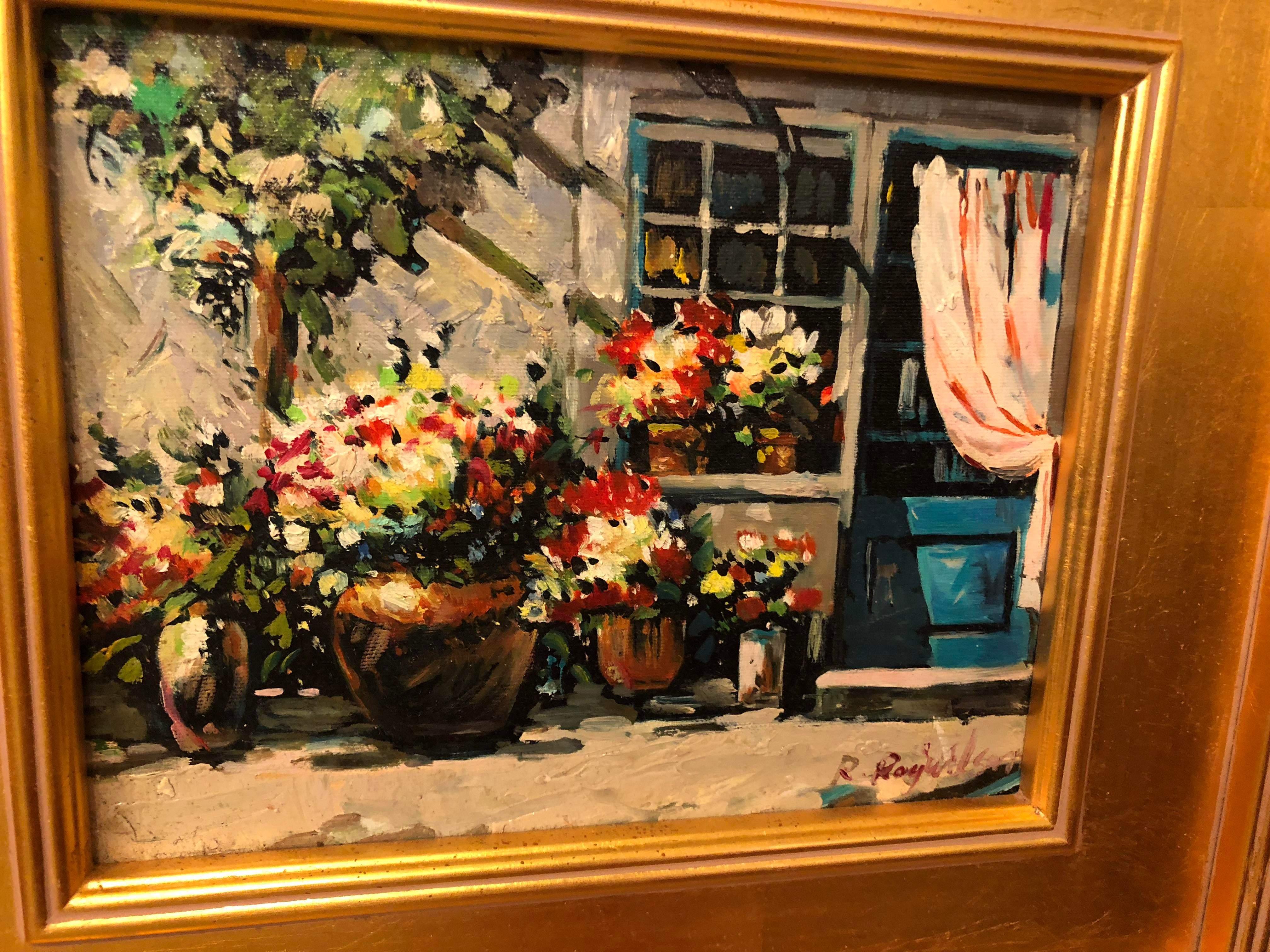 A 1980s impressionistic oil on canvas painting. This beautiful painting comes in a custom gilt frame and features vivid colors and a beautiful scene of an outdoor home garden/ patio and plants. The painting is signed by the artist. 

Dimensions: 
-