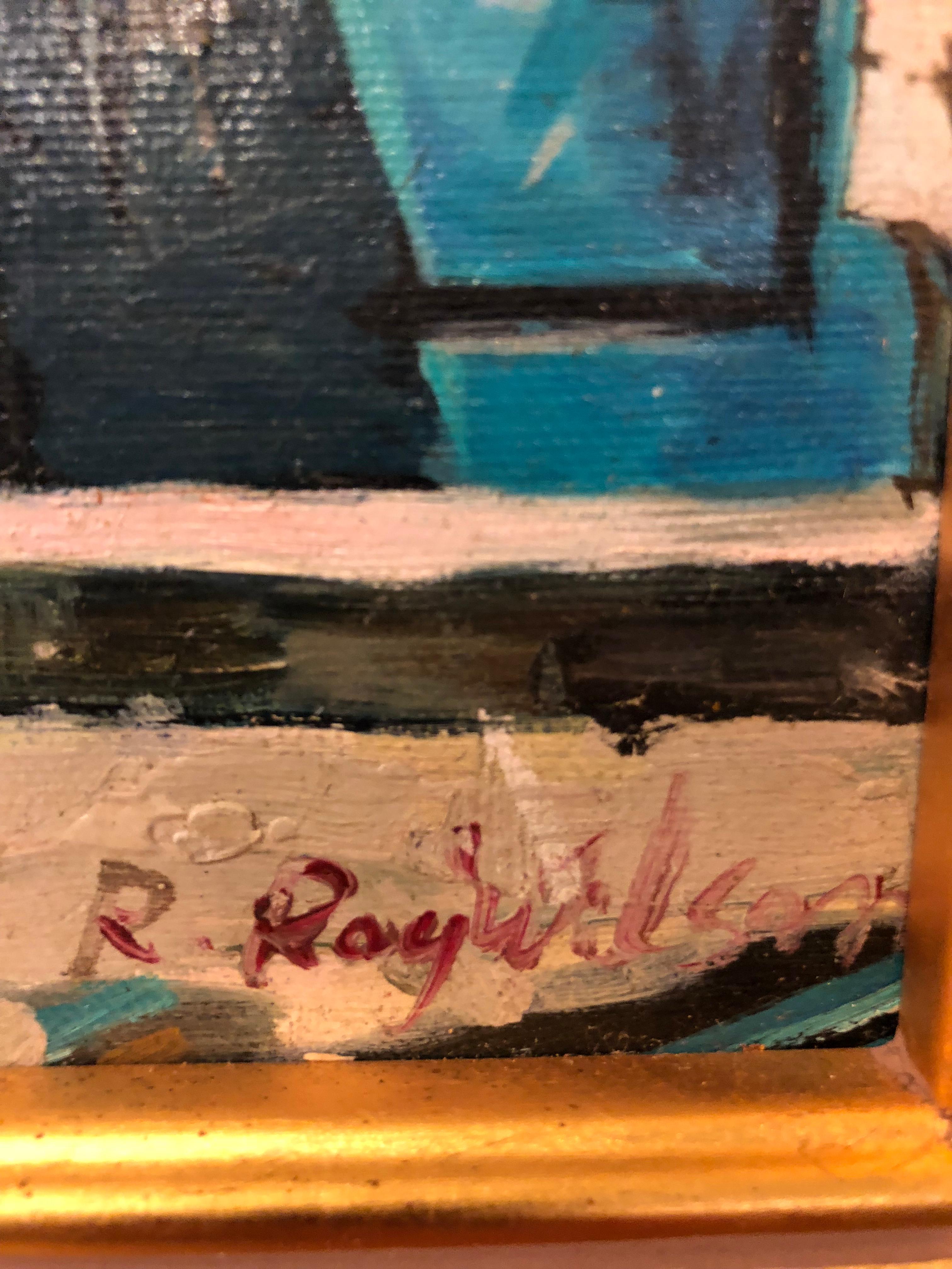 Un dipinto impressionistico ad olio su tela del 1980. Questo bellissimo quadro è contenuto in una cornice dorata personalizzata e presenta colori vivaci e una bellissima scena di un giardino/patio all'aperto con piante. Il dipinto è firmato