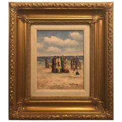 Óleo sobre lienzo de los años 80 Pintura impresionista de escena playera, enmarcada y firmada