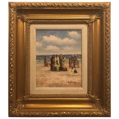 Vintage 1980's Oil on Canvas Impressionistic Beach Scene Painting, Framed & Signed