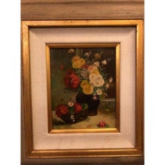 1980s Still Life with Flowers Oil on Canvas Case Framed Painting