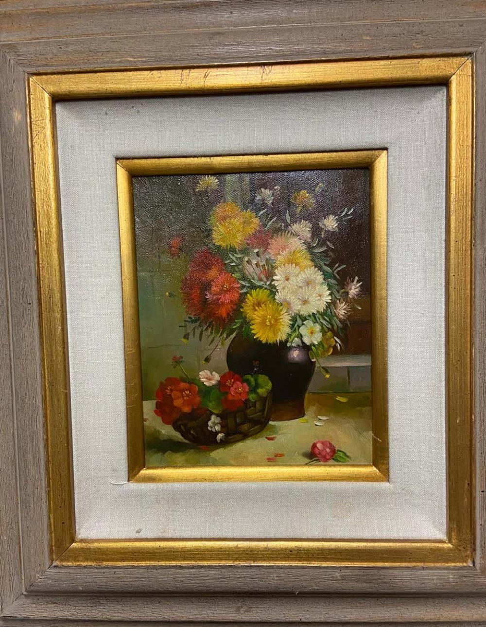 This is an oil on canvas painting depicting a still life with flowers. The piece was made in the 1980s. 

Framed: 21.5