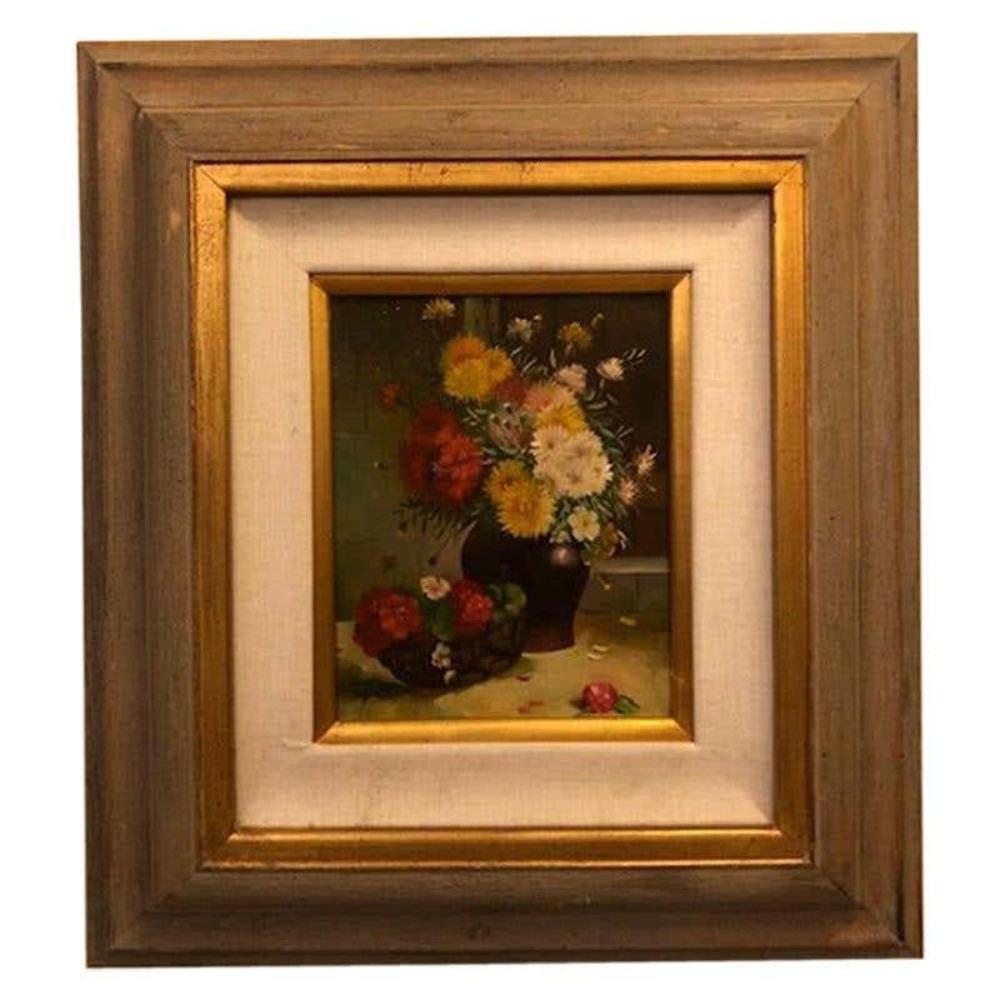 Still-Life Painting di Unknown - Natura morta con fiori degli anni '80 Olio su tela Quadro con cornice