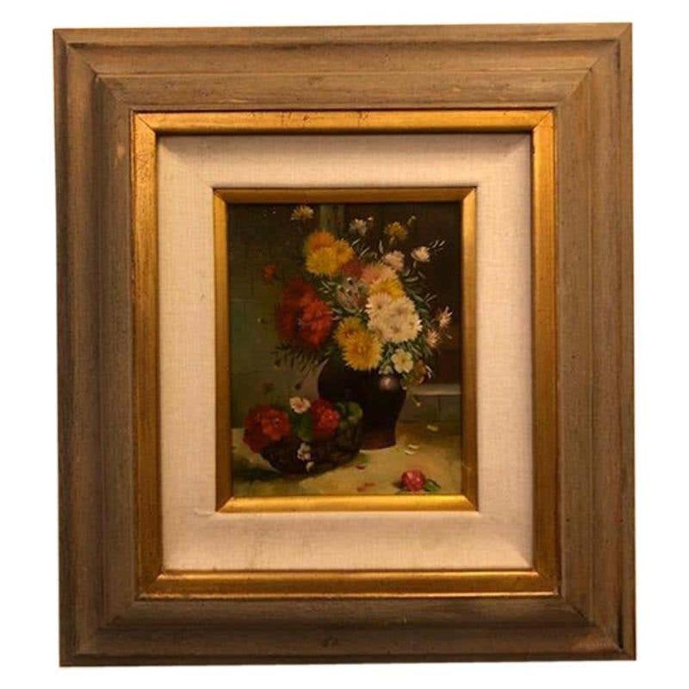 1980s Still Life with Flowers Oil on Canvas Case Framed Painting