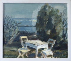 1981 Modern Swedish Expressive Mini Landscape Oil Painting -Garden by the Water