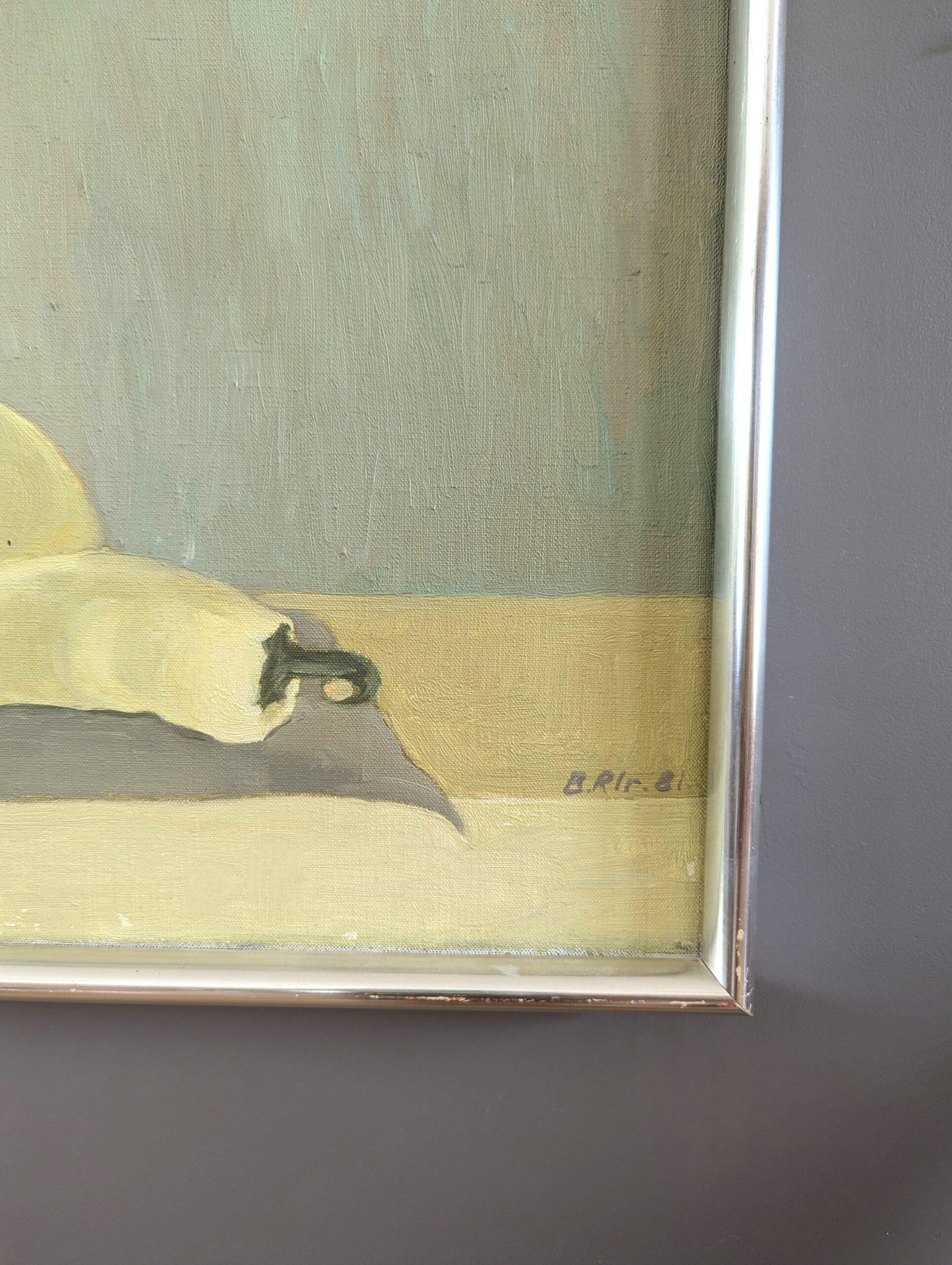 1981 Vintage Pintura al óleo sueca moderna de mediados de siglo - Naturaleza muerta con pimientos 4