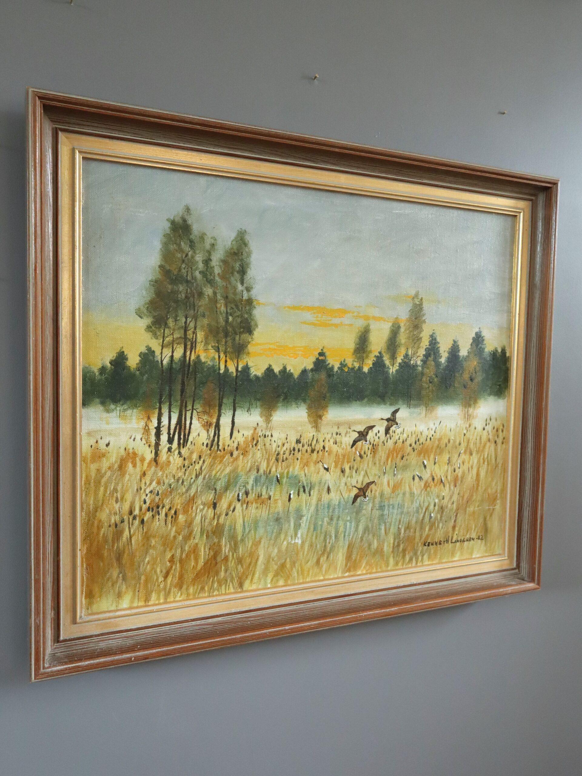 1982 Modernist Swedish Expressive Landscape Oil Painting - Flight at First Light For Sale 1