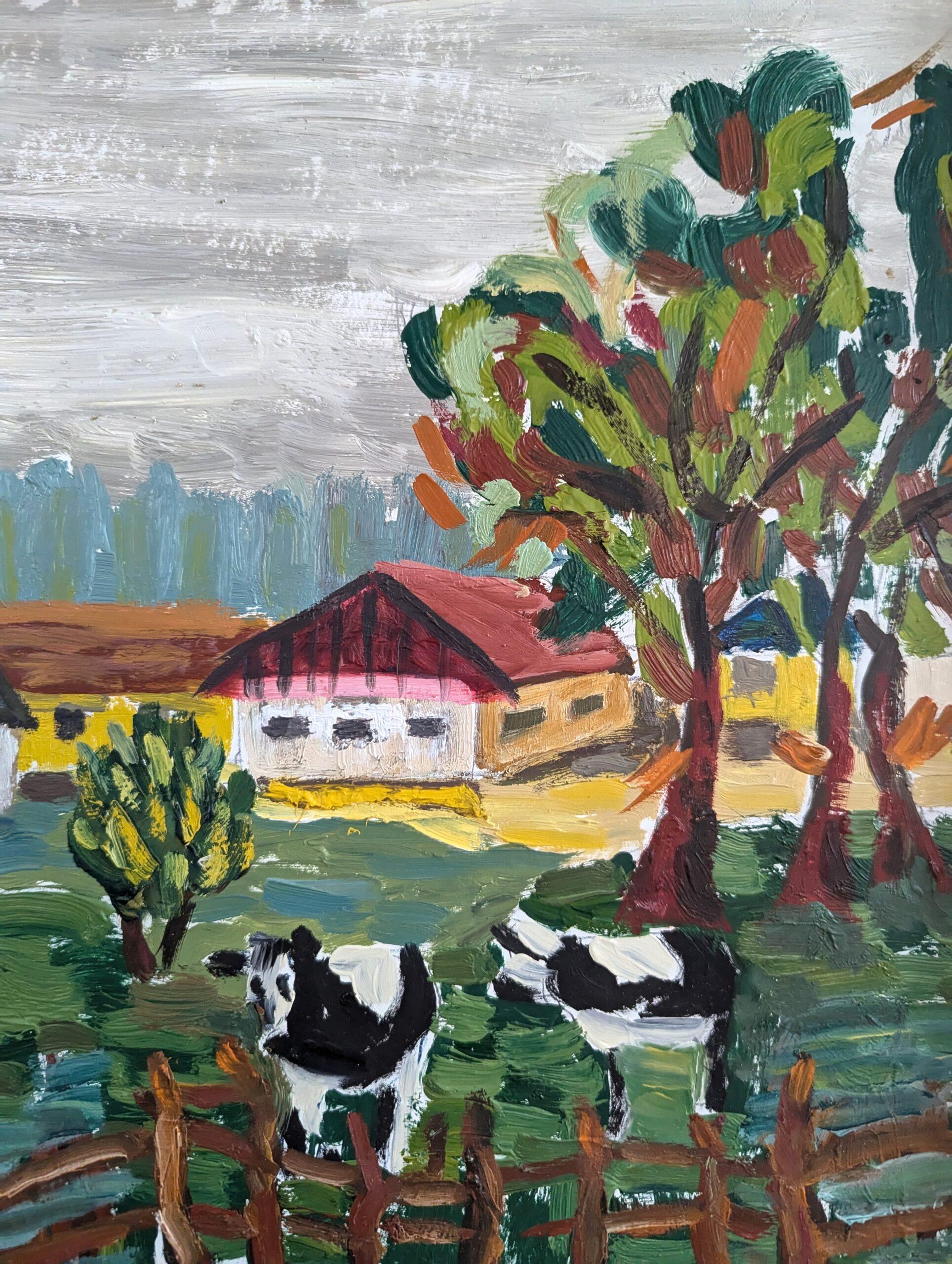 1982 Vintage Modernista Original Paisaje expresivo Pintura al óleo - Vacas pastando en venta 5
