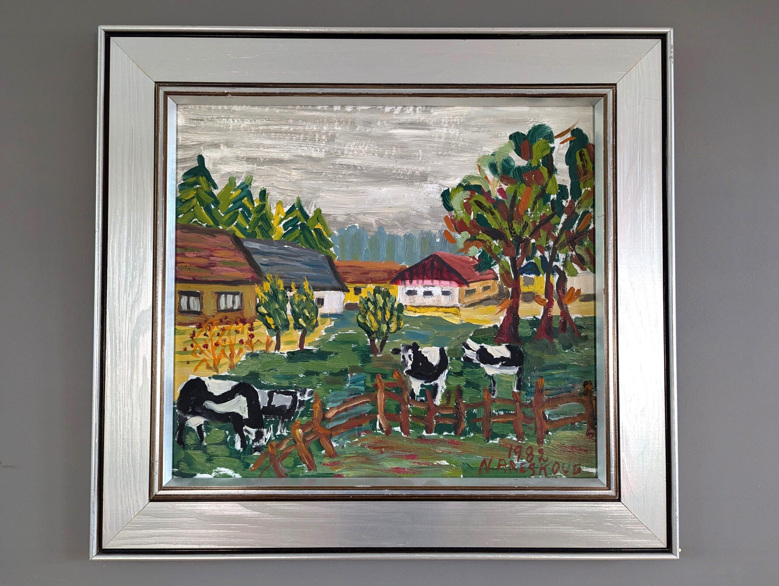 1982 Vintage Modernista Original Paisaje expresivo Pintura al óleo - Vacas pastando - Painting de Unknown
