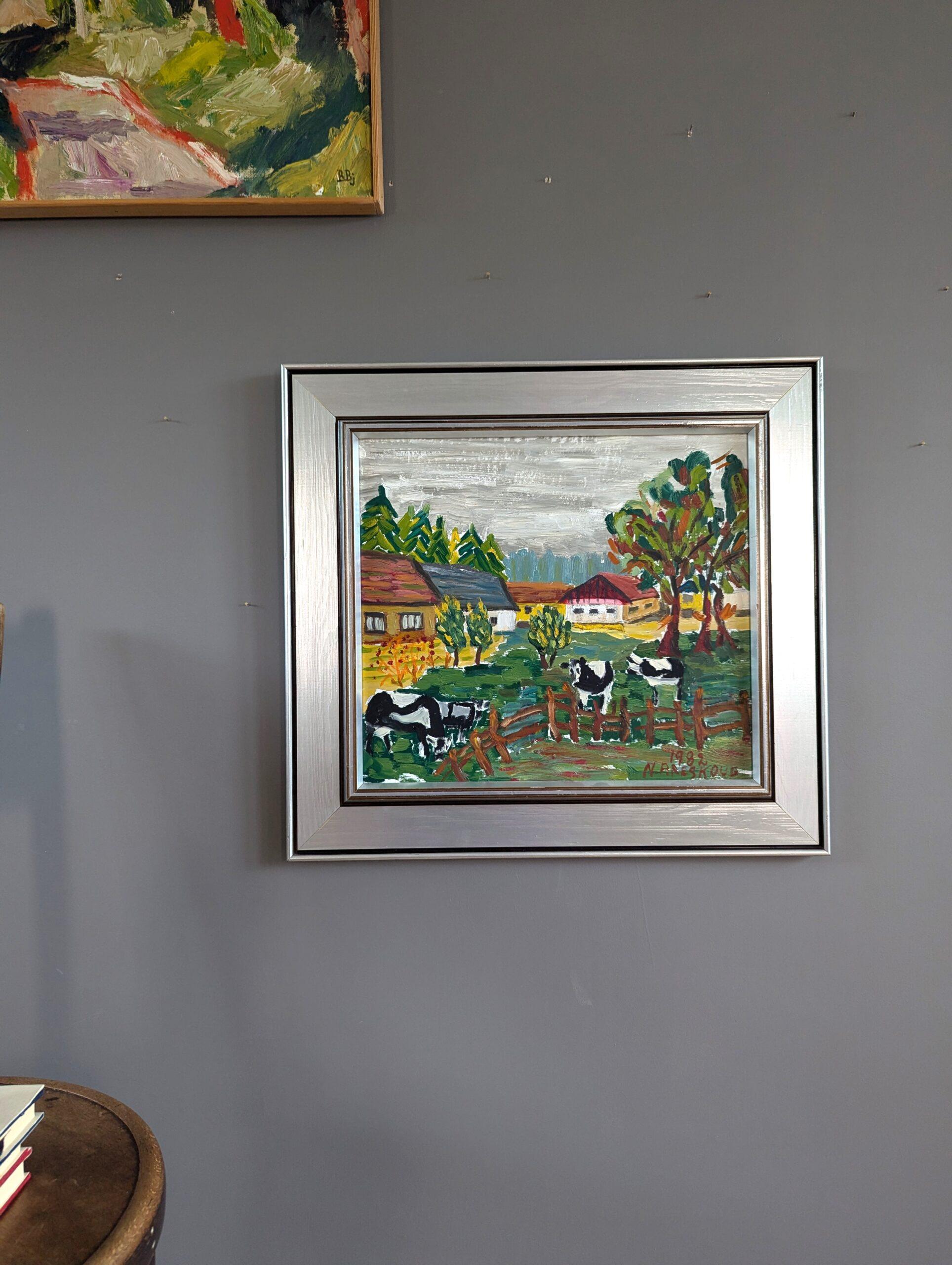 1982 Vintage Modernista Original Paisaje expresivo Pintura al óleo - Vacas pastando - Painting Moderno de Unknown