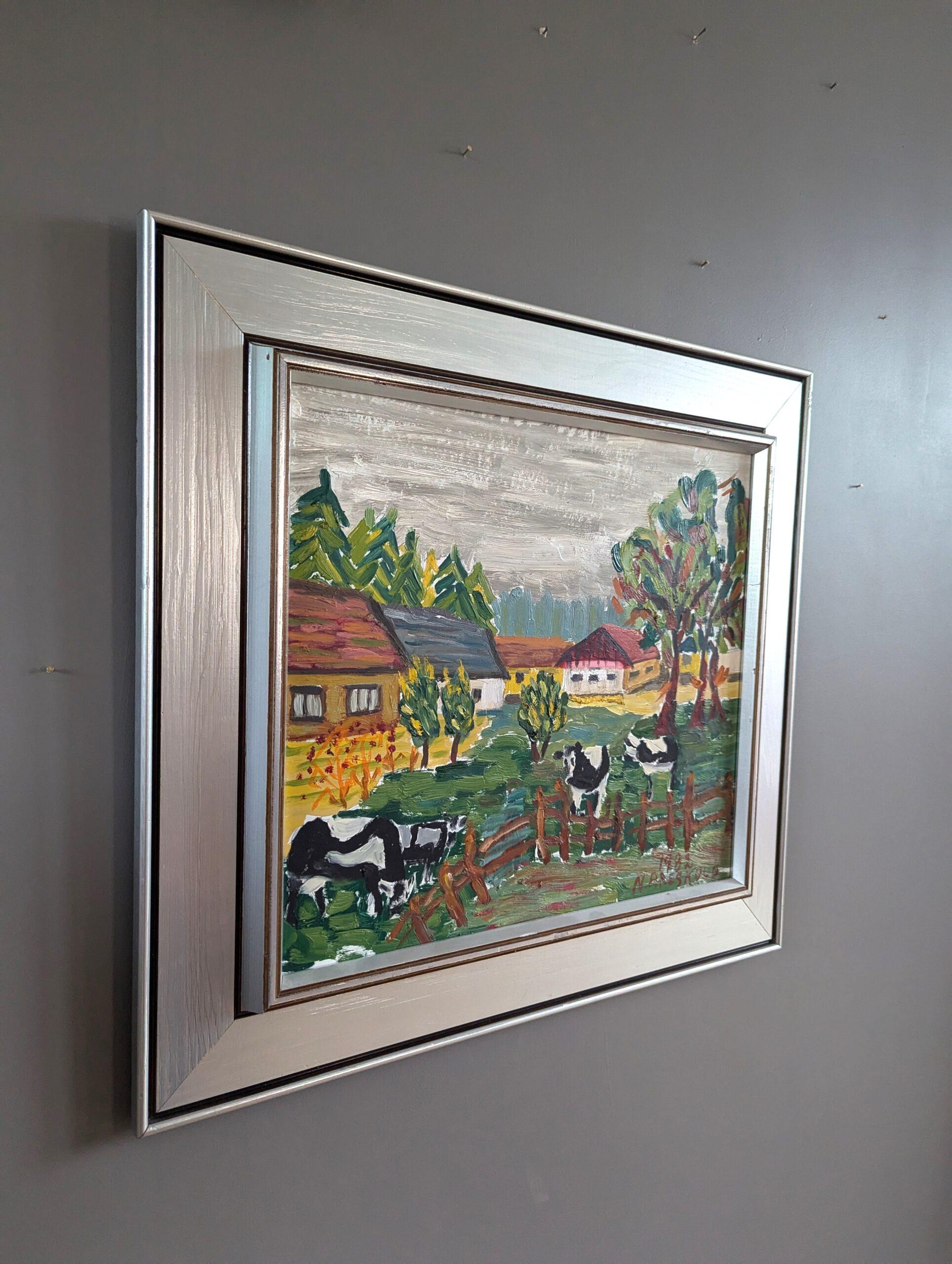 1982 Vintage Modernista Original Paisaje expresivo Pintura al óleo - Vacas pastando - Landscape Painting Gris de Unknown