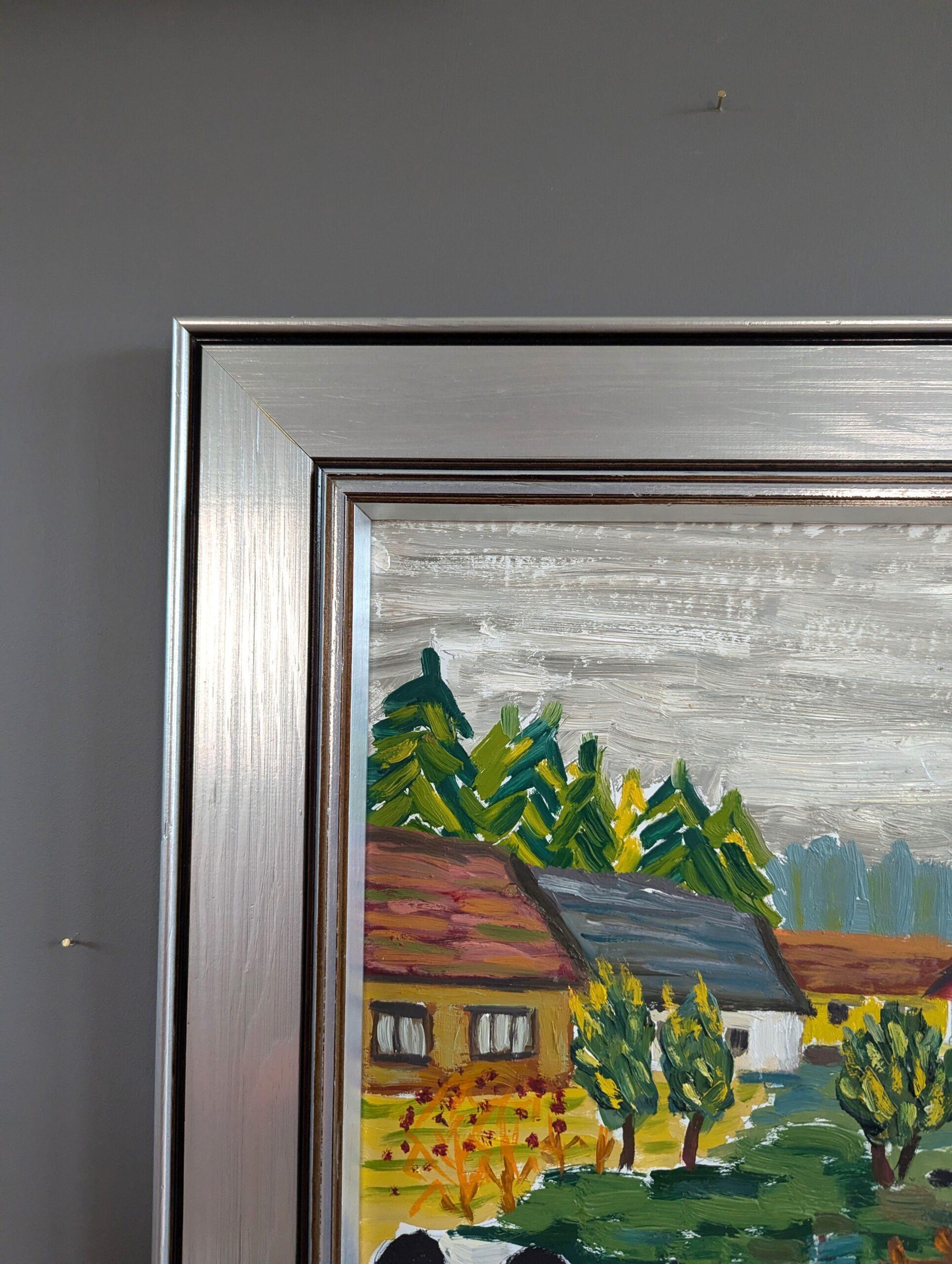 1982 Vintage Modernista Original Paisaje expresivo Pintura al óleo - Vacas pastando en venta 1