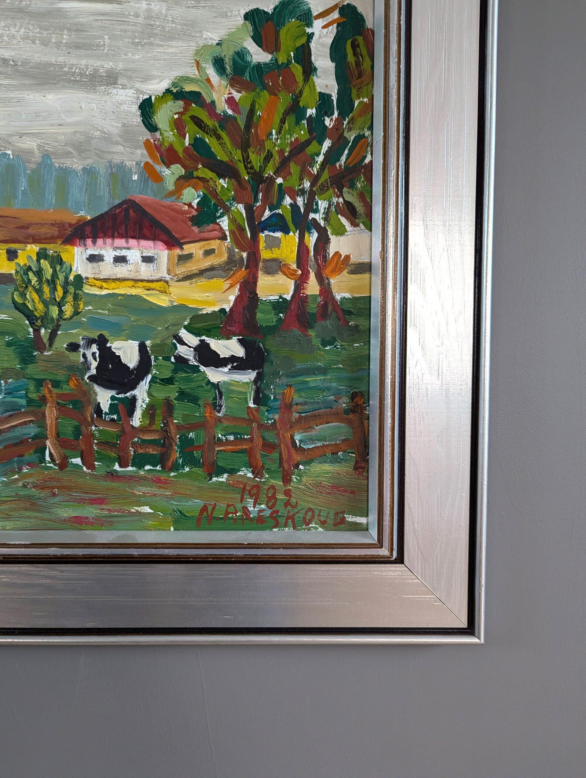 1982 Vintage Modernista Original Paisaje expresivo Pintura al óleo - Vacas pastando en venta 2