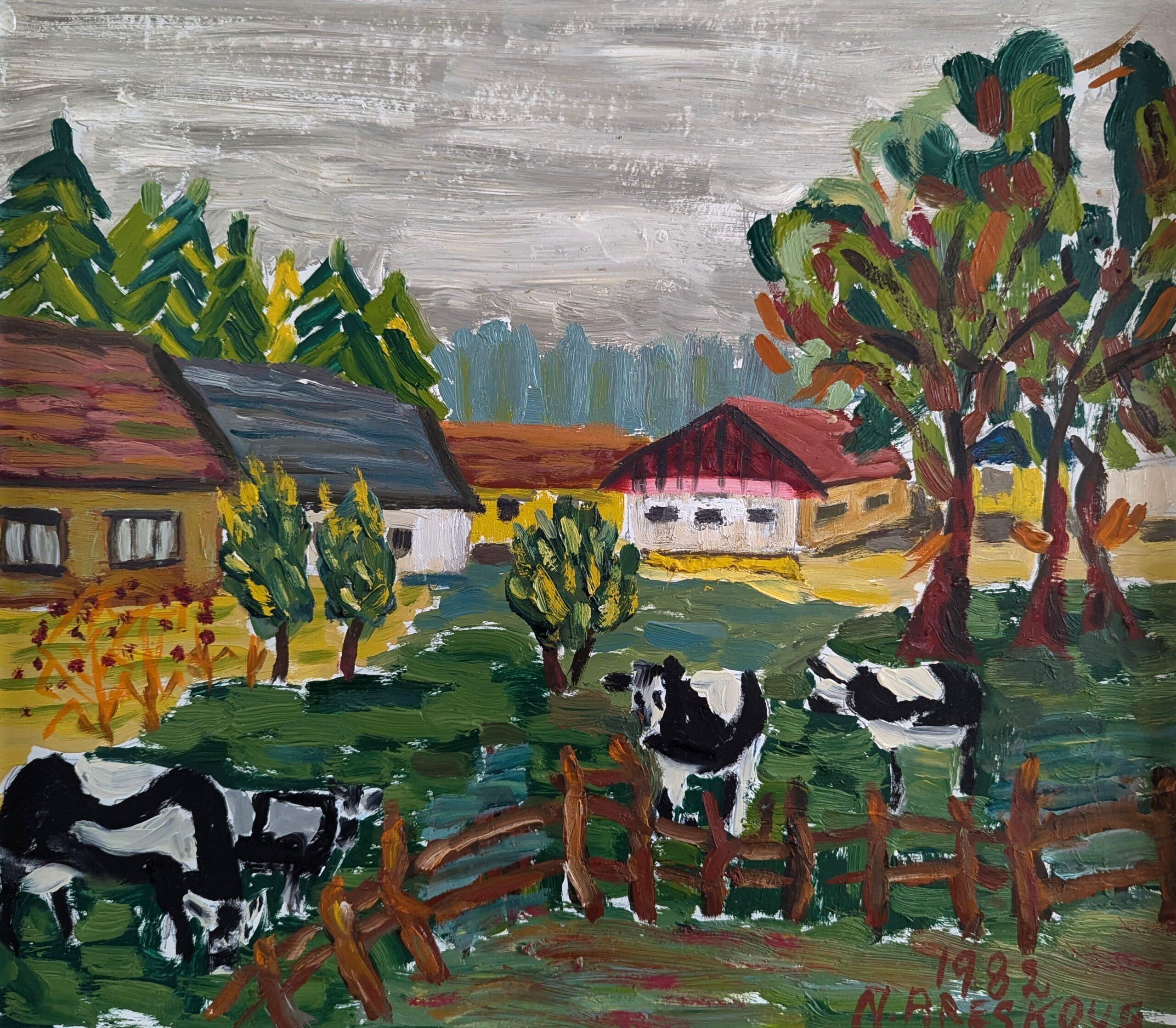 1982 Vintage Modernista Original Paisaje expresivo Pintura al óleo - Vacas pastando en venta 3