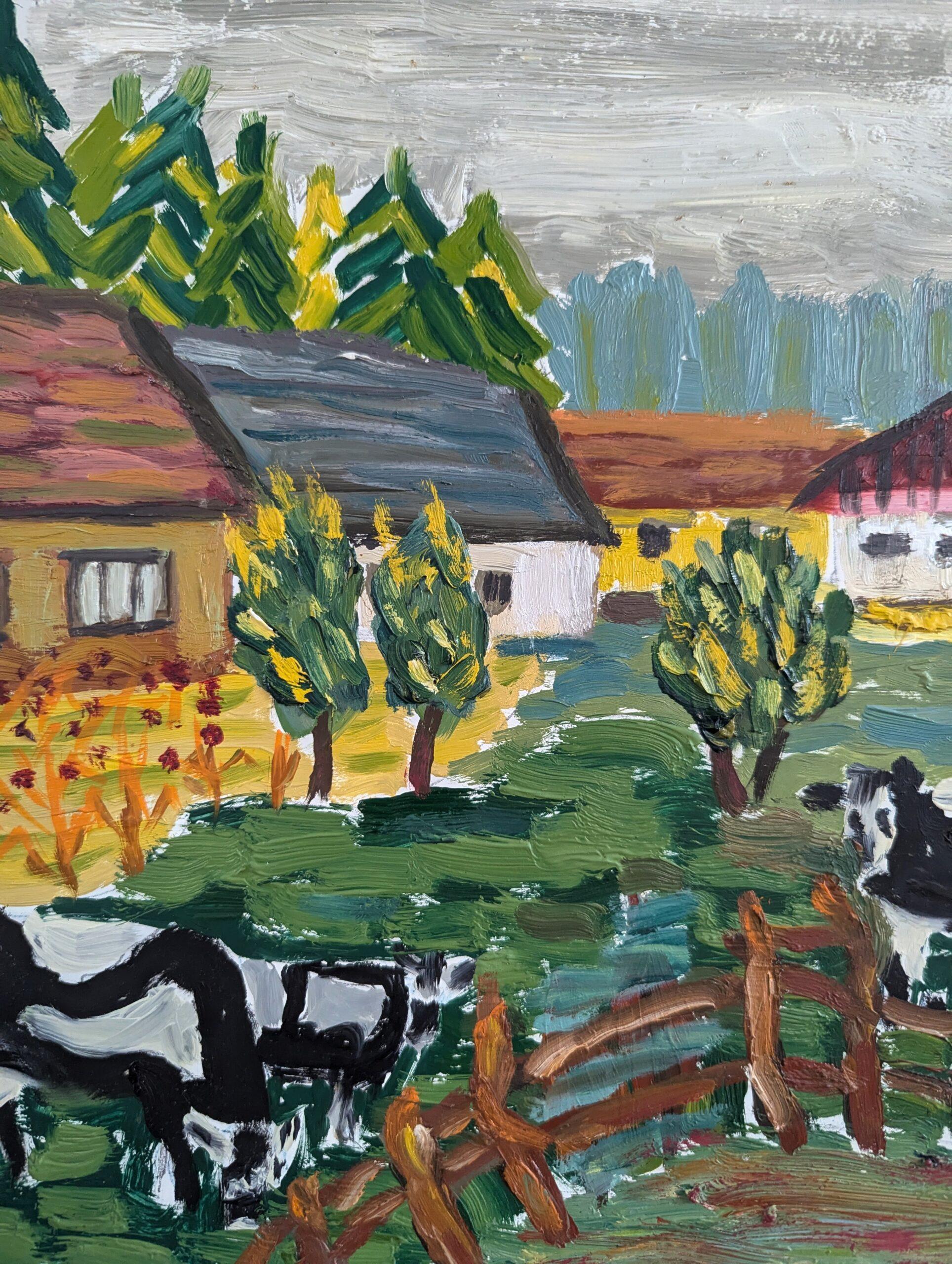 1982 Vintage Modernista Original Paisaje expresivo Pintura al óleo - Vacas pastando en venta 4