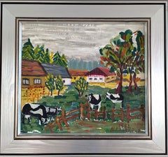 1982 Vintage Modernist Original Expressive Landscape Oil Painting - Grazing Cows