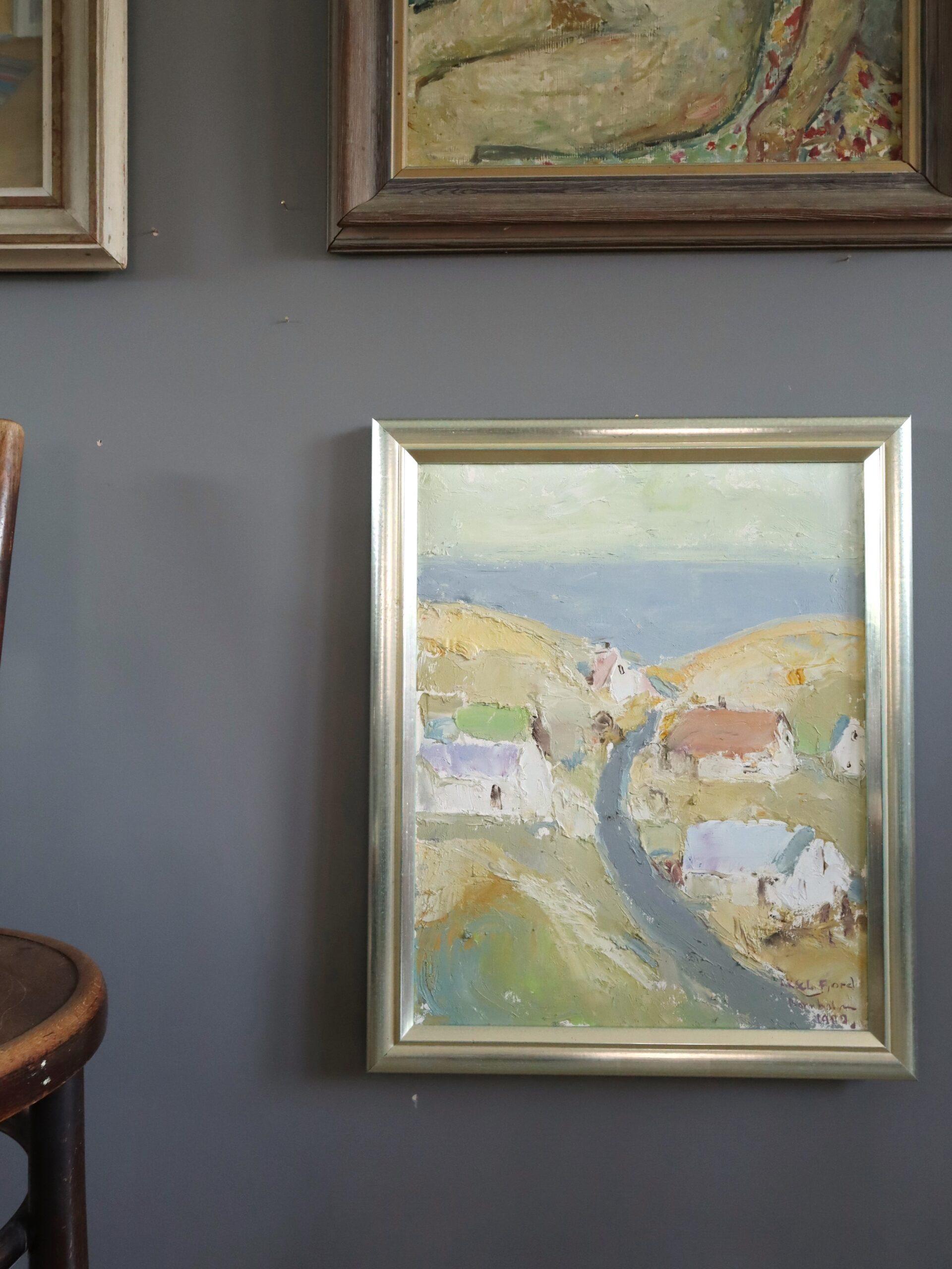 1982 Vintage Original Abstrakte Landschaft Ölgemälde - Küstenstraße zum Meer (Abstrakter Expressionismus), Painting, von Unknown