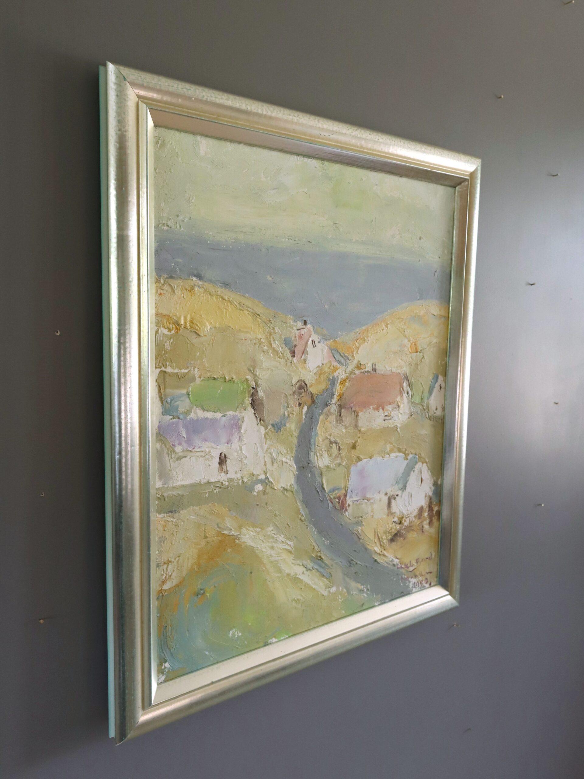 1982 Vintage Original Abstrakte Landschaft Ölgemälde - Küstenstraße zum Meer (Braun), Landscape Painting, von Unknown