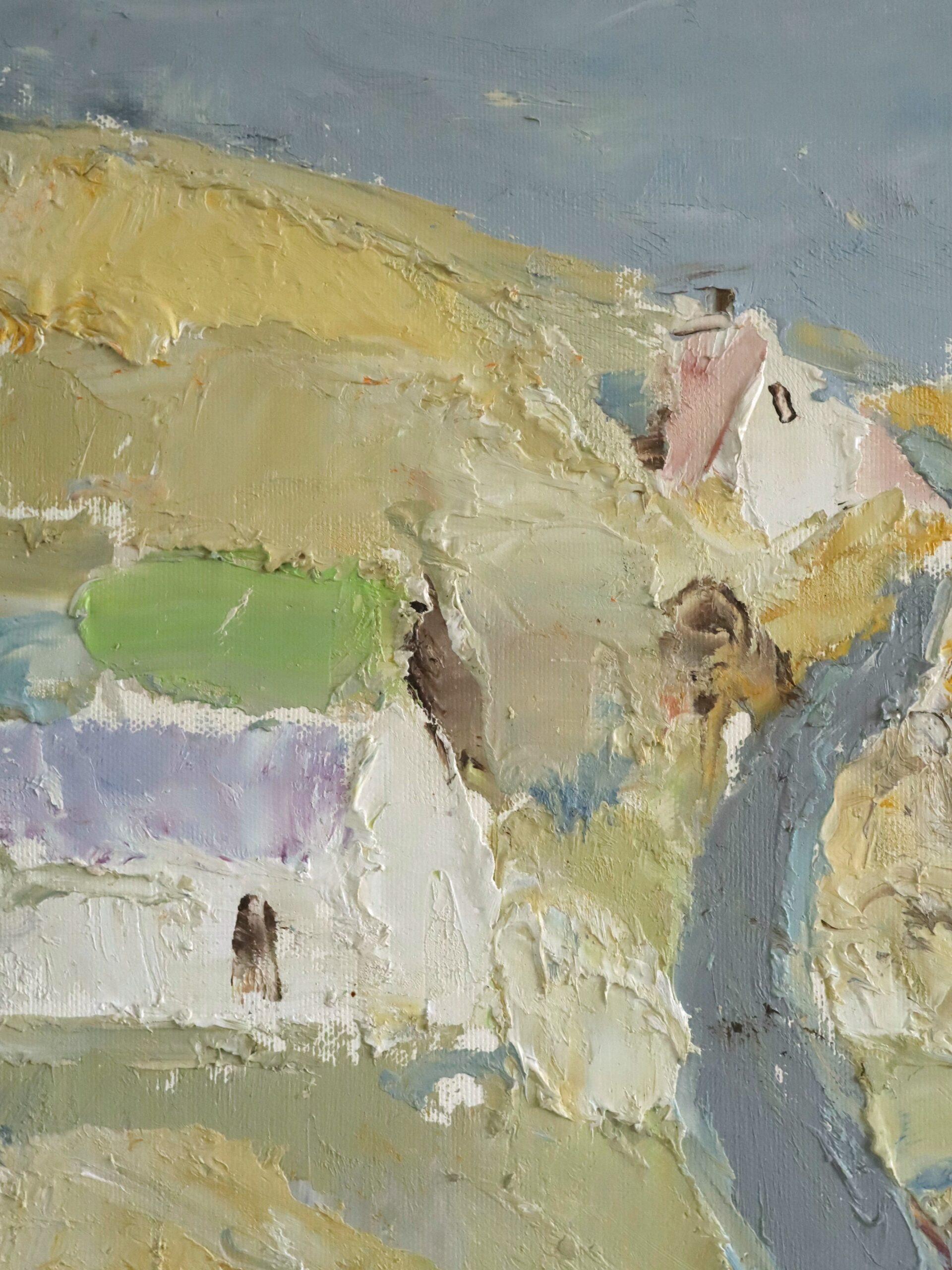 1982 Vintage Original Abstrakte Landschaft Ölgemälde - Küstenstraße zum Meer im Angebot 4