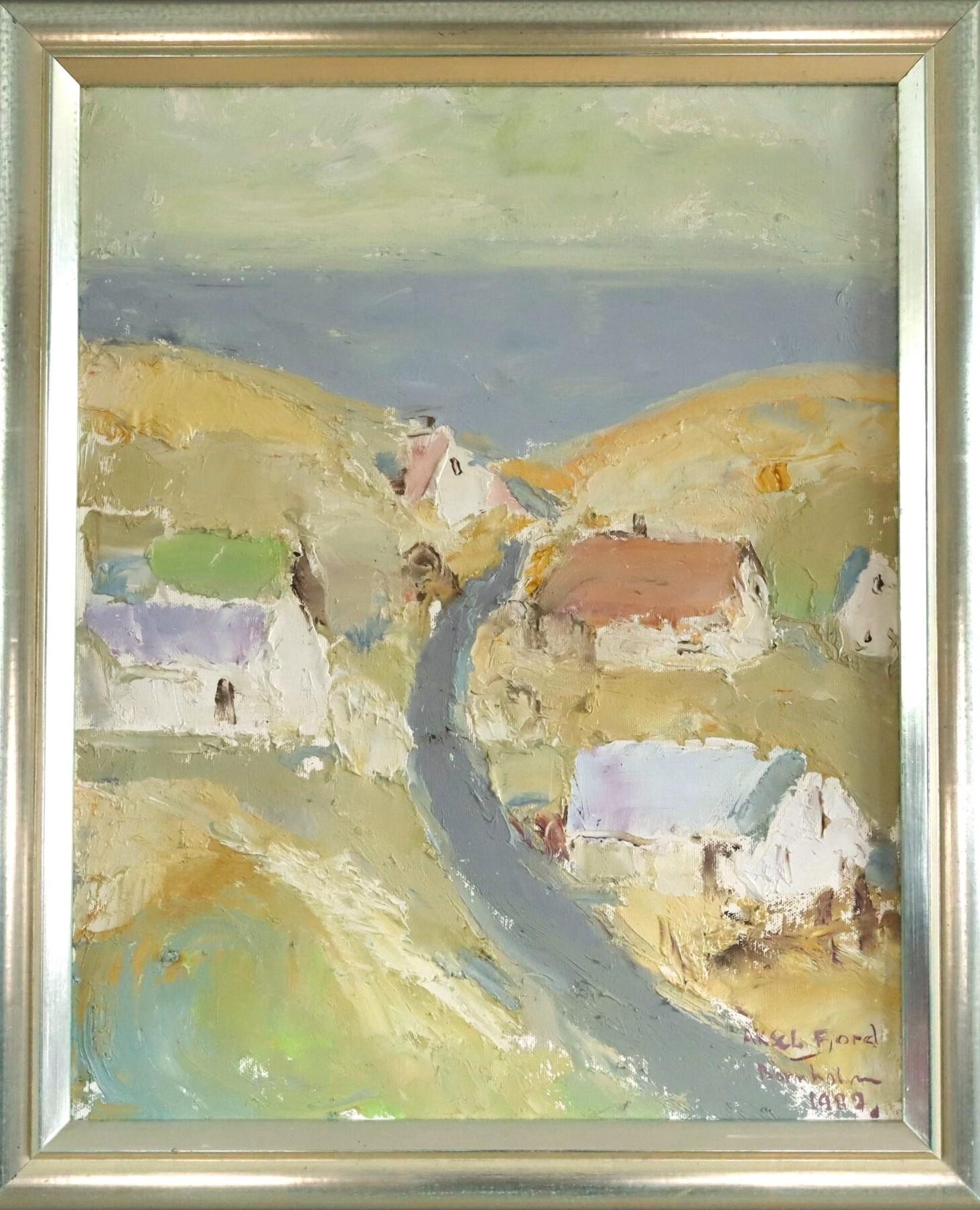 1982 Vintage Original Abstrakte Landschaft Ölgemälde - Küstenstraße zum Meer
