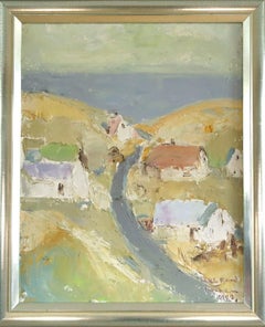 1982 Vintage Original Abstrakte Landschaft Ölgemälde - Küstenstraße zum Meer