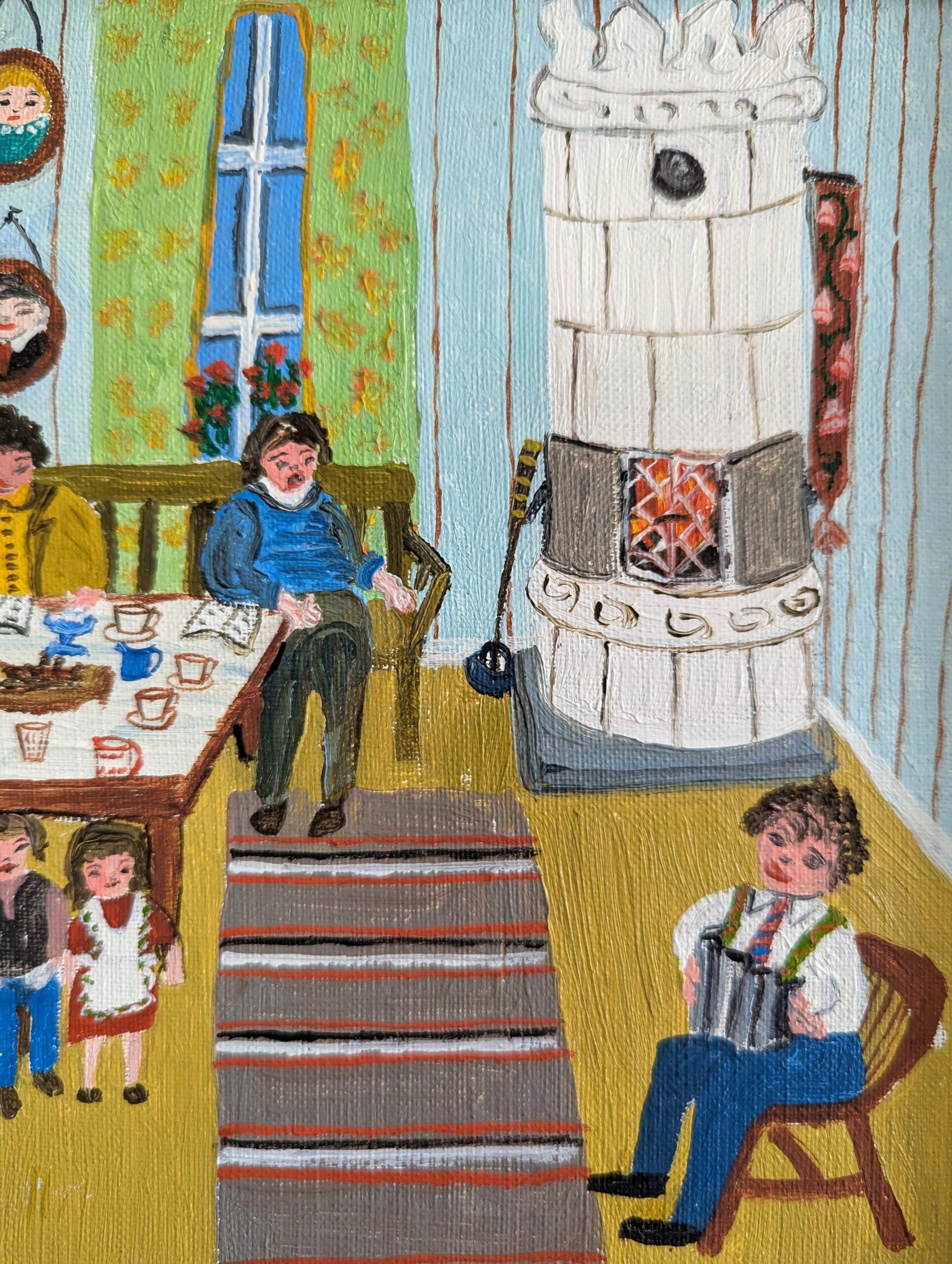 Peinture à l'huile originale d'intérieur - Singing by the Fire, 1982 en vente 5