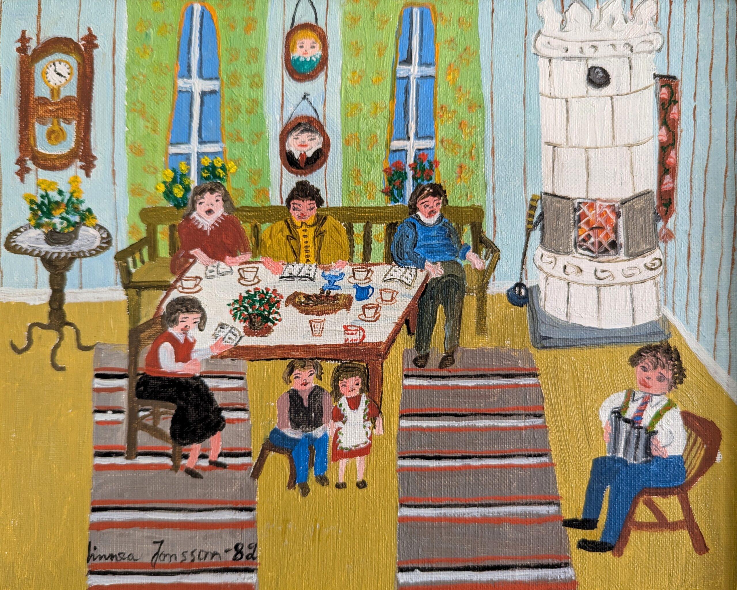 Peinture à l'huile originale d'intérieur - Singing by the Fire, 1982 en vente 6