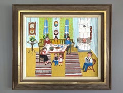 1982 Vintage Original Interior Home Setting Oil Painting - Singing by the Fire