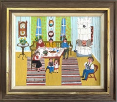 1982 Vintage Pintura al óleo original de ambientación interior - Cantando junto al fuego