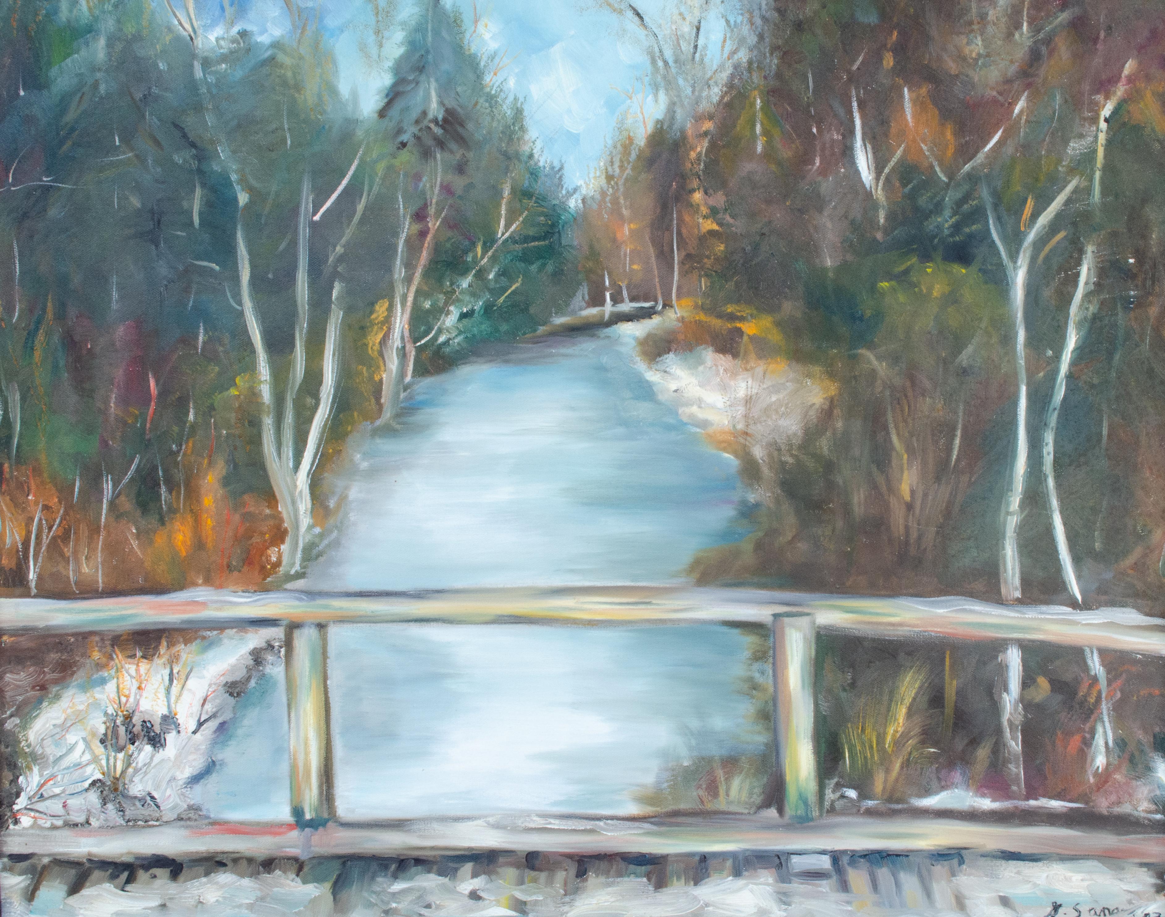 Paysage de rivière impressionniste américain de Geraldine Sanger, 1983 - Painting de Unknown