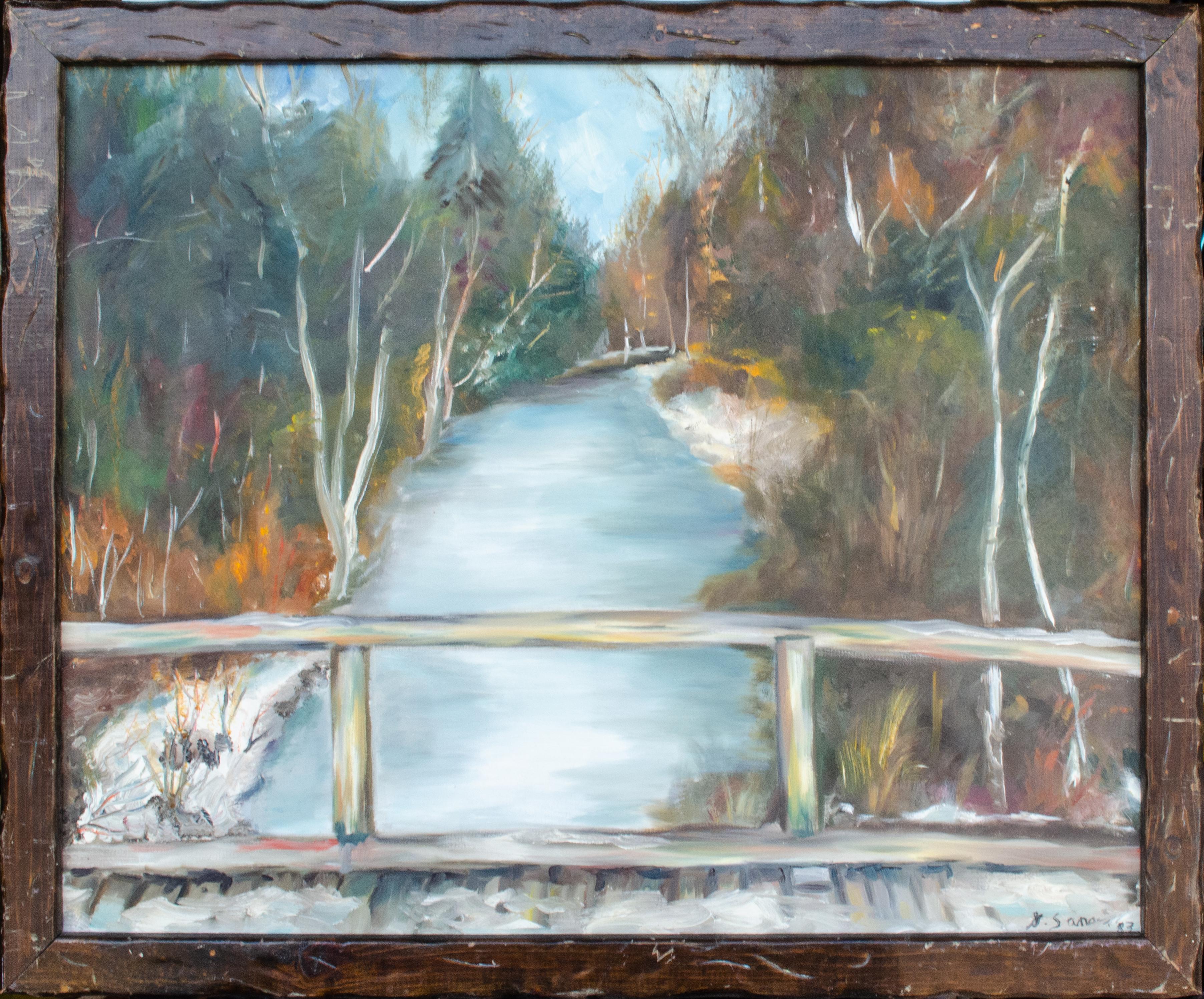 Unknown Landscape Painting – 1983 Amerikanisch-impressionistische Flusslandschaft von Geraldine Sanger