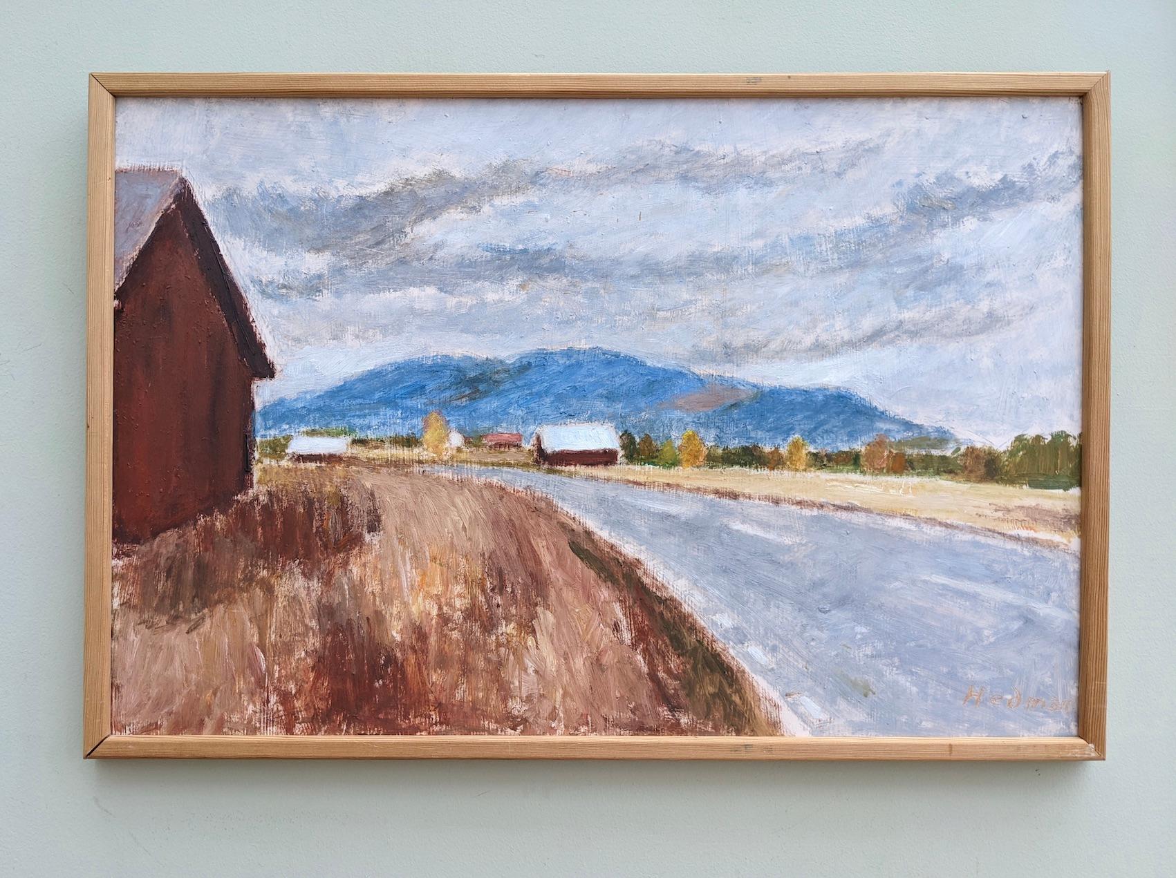 OLD TOWN ROAD
Size: 43 x 64 cm (including frame)
Oil on board

A simple yet captivating rural landscape composition, executed in oil and dated 1983.

Presenting a scenic route of a long road winding through a quiet town with mountains in the