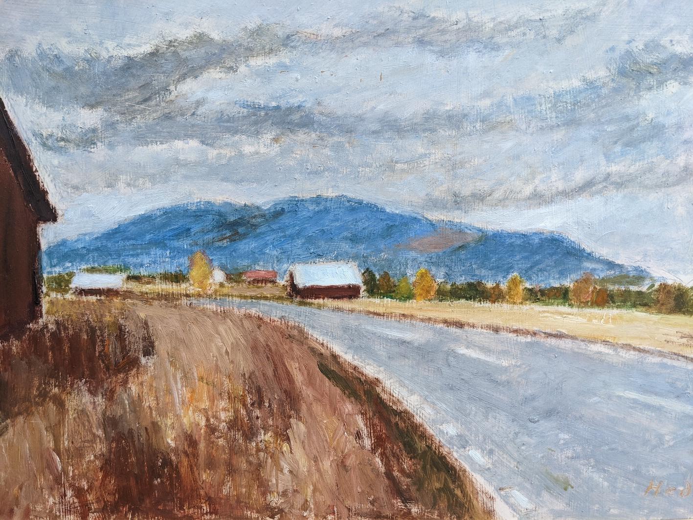 1983 Modernist Vintage Landscape Oil Painting - Old Town Road, Framed 6